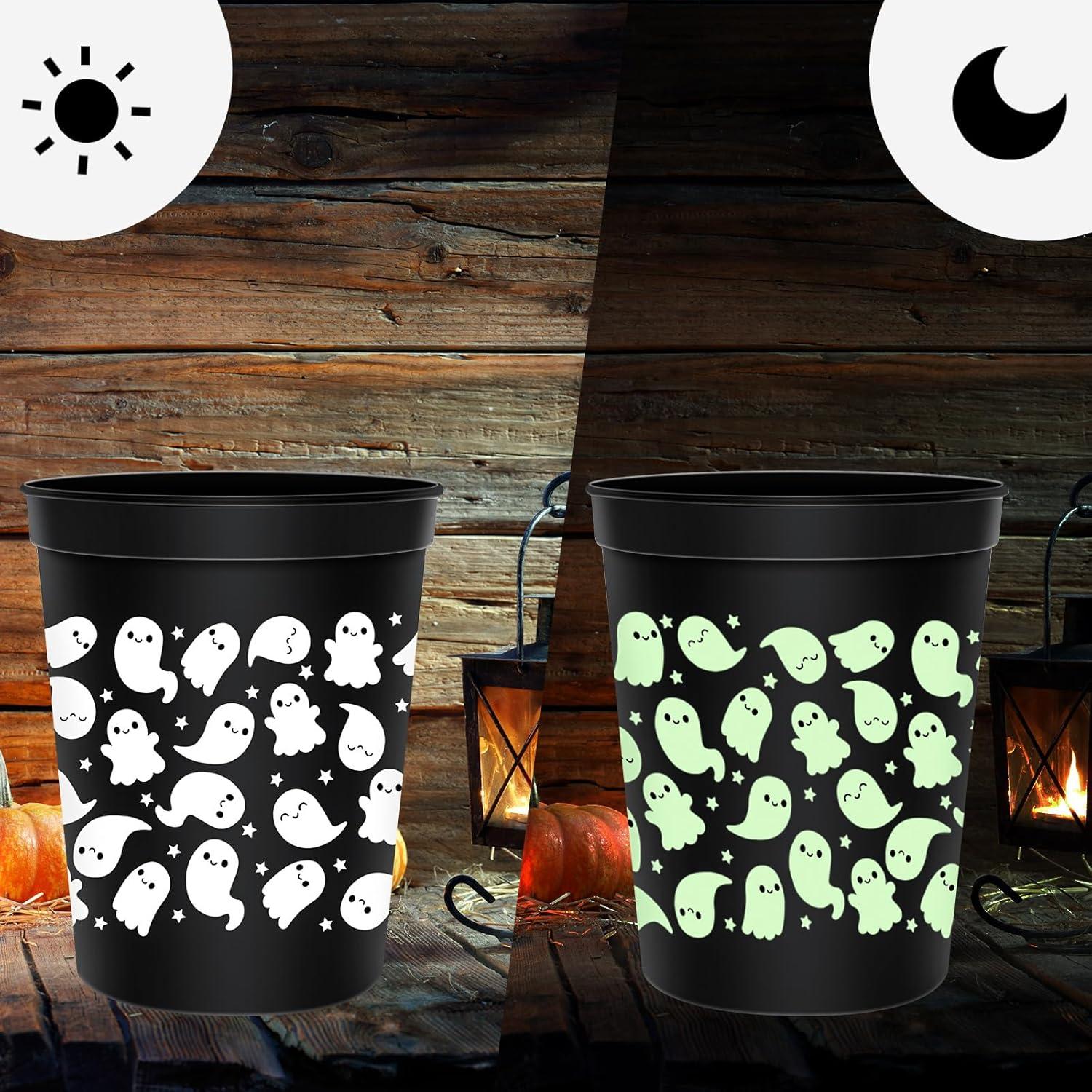 imageWhaline 30Pcs Halloween Ghost Green Black Cups 16oz Glow in the Dark Disposable Plastic Cup Cute Ghost Black Glowing Cups for Juice Soda Cocktail Drinking Party Supplies