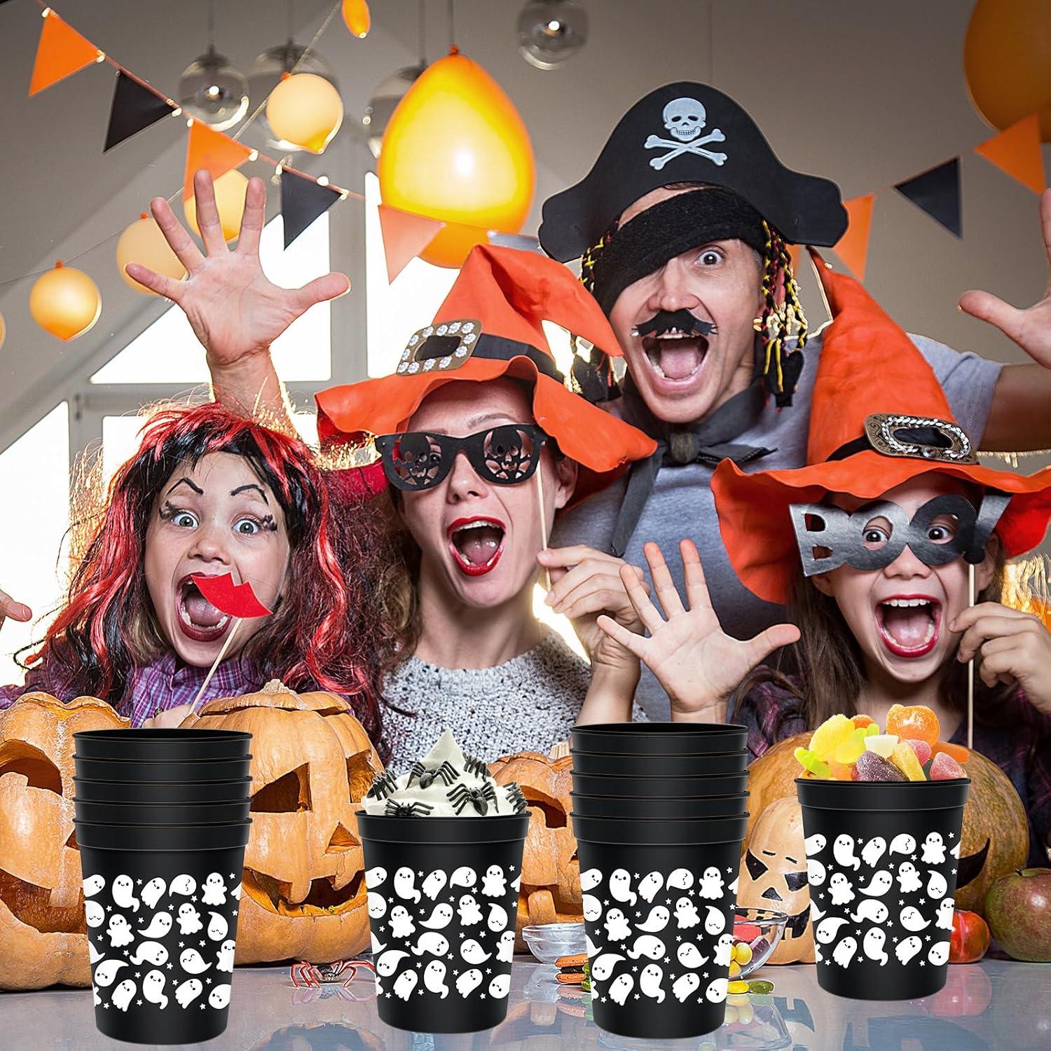 imageWhaline 30Pcs Halloween Ghost Green Black Cups 16oz Glow in the Dark Disposable Plastic Cup Cute Ghost Black Glowing Cups for Juice Soda Cocktail Drinking Party Supplies