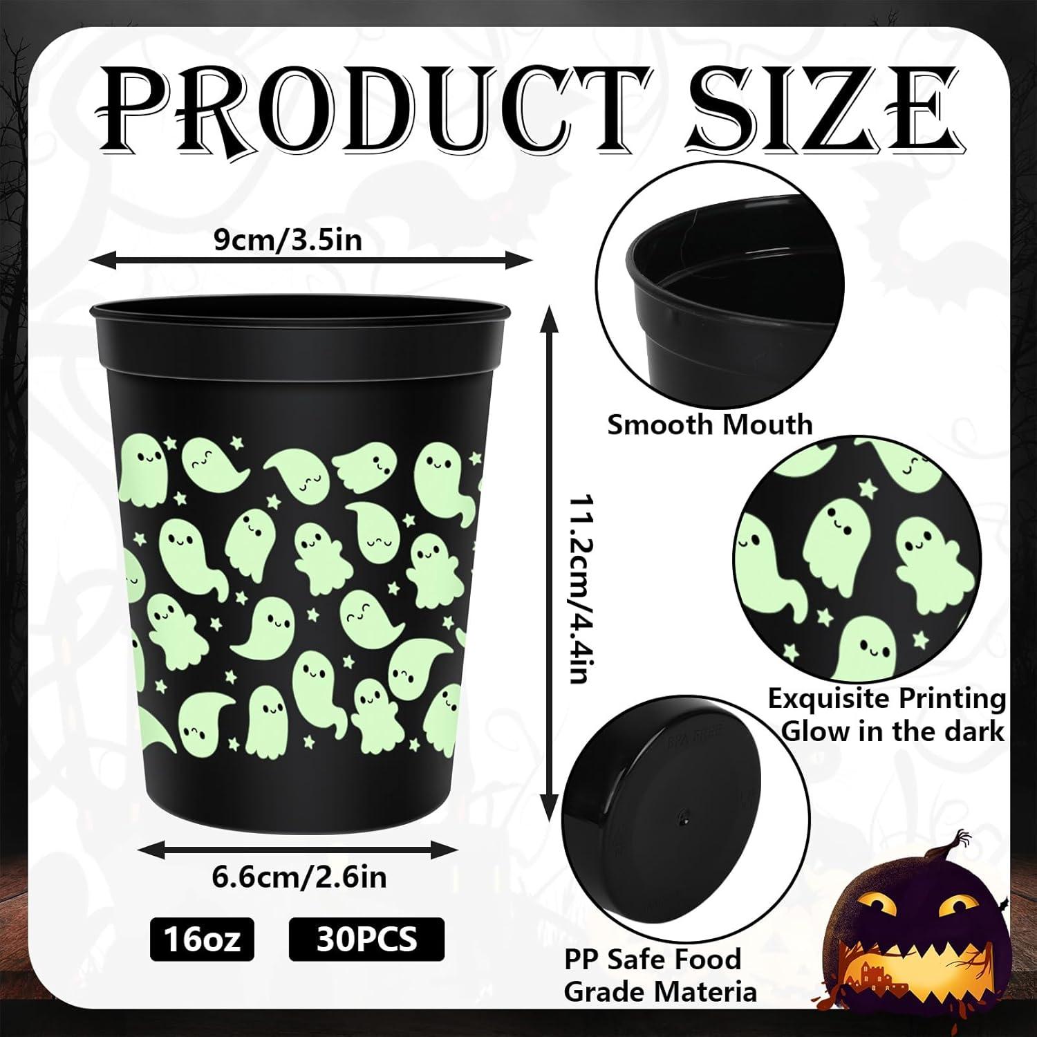 imageWhaline 30Pcs Halloween Ghost Green Black Cups 16oz Glow in the Dark Disposable Plastic Cup Cute Ghost Black Glowing Cups for Juice Soda Cocktail Drinking Party Supplies