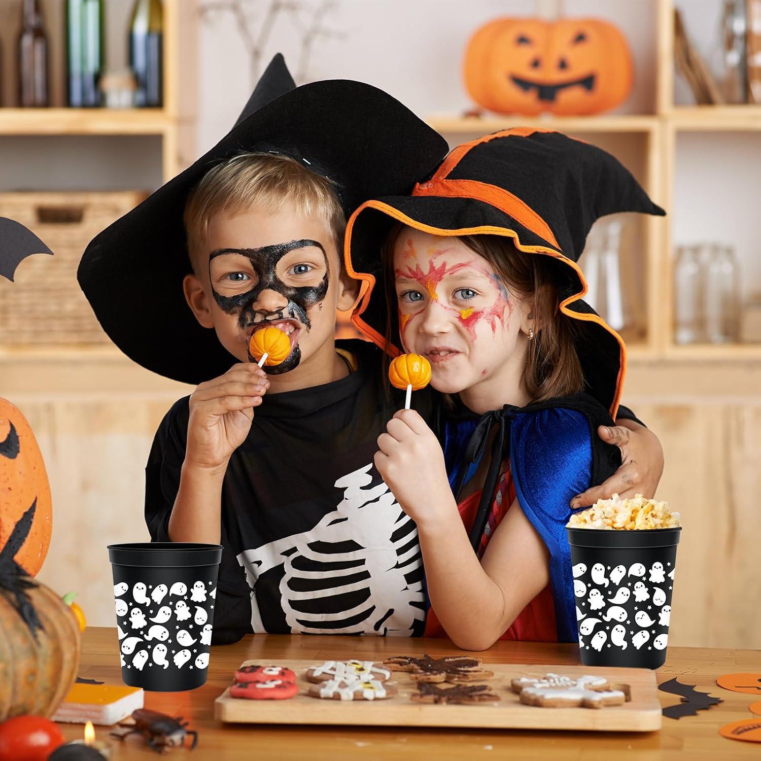 imageWhaline 30Pcs Halloween Ghost Green Black Cups 16oz Glow in the Dark Disposable Plastic Cup Cute Ghost Black Glowing Cups for Juice Soda Cocktail Drinking Party Supplies