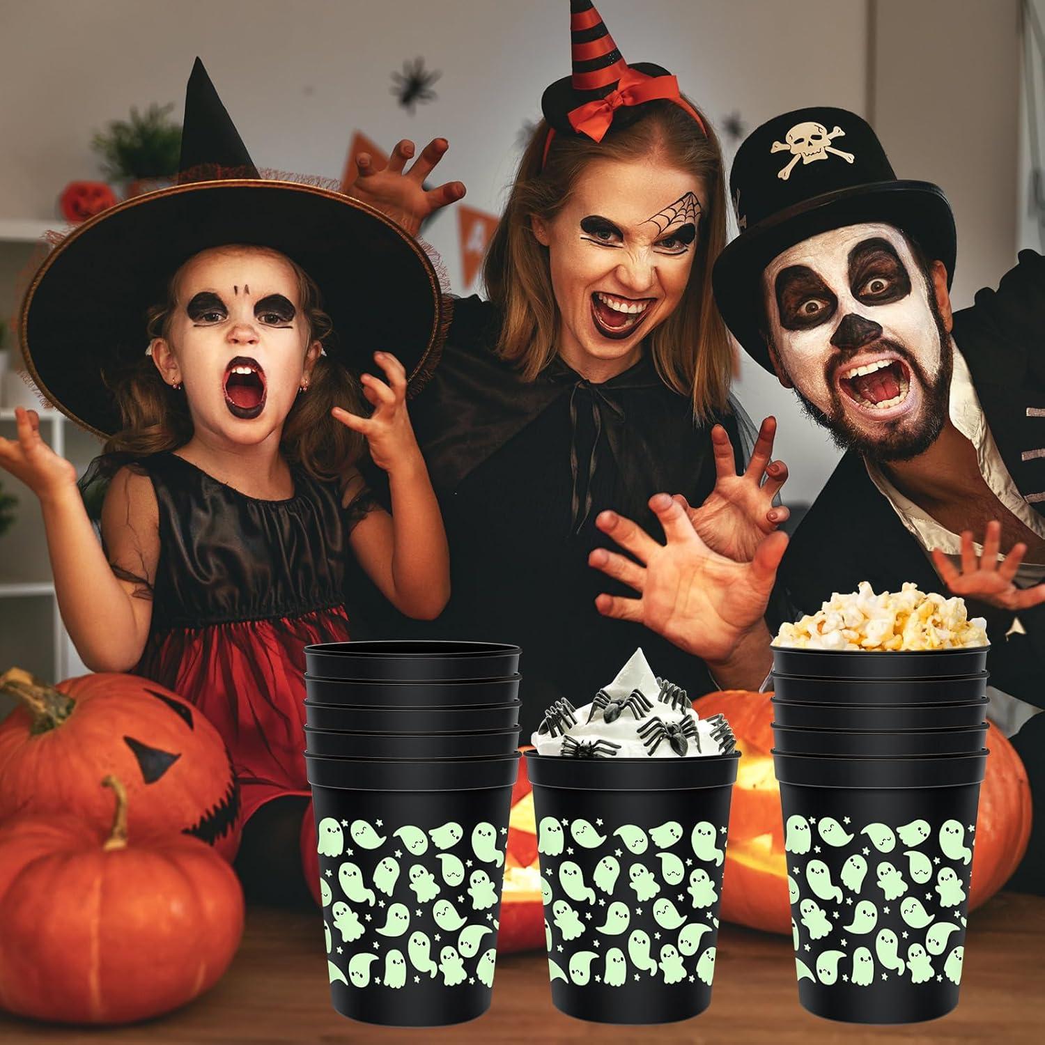 imageWhaline 30Pcs Halloween Ghost Green Black Cups 16oz Glow in the Dark Disposable Plastic Cup Cute Ghost Black Glowing Cups for Juice Soda Cocktail Drinking Party Supplies