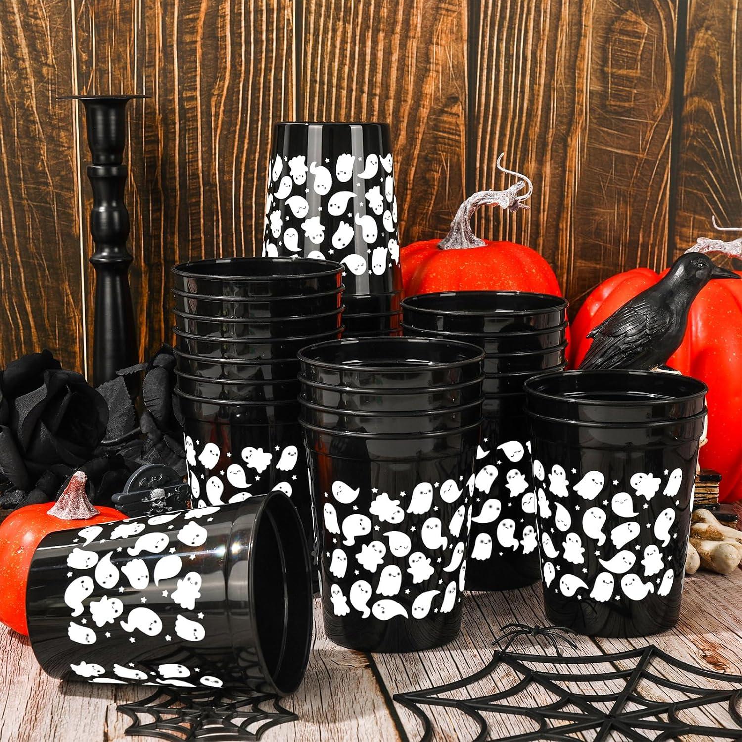 imageWhaline 30Pcs Halloween Ghost Green Black Cups 16oz Glow in the Dark Disposable Plastic Cup Cute Ghost Black Glowing Cups for Juice Soda Cocktail Drinking Party Supplies