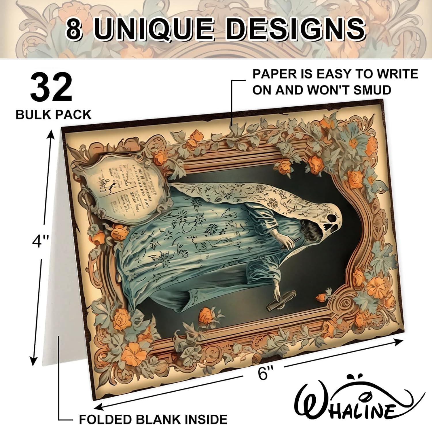 imageWhaline 32 Pack Halloween Greeting Cards with Stickers Envelopes Vintage Pumpkin Black Cat Skull Blank Note Cards for Trick or Treat Invitation 4 x 6 Inch