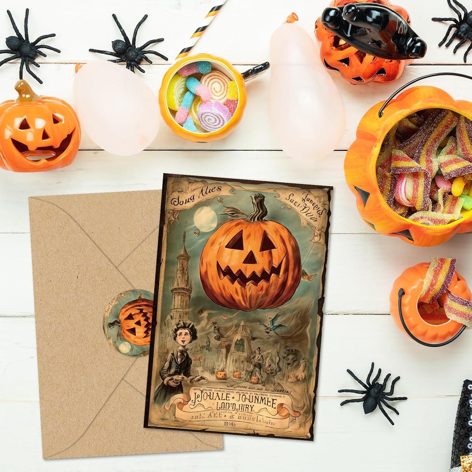 imageWhaline 32 Pack Halloween Greeting Cards with Stickers Envelopes Vintage Pumpkin Black Cat Skull Blank Note Cards for Trick or Treat Invitation 4 x 6 Inch