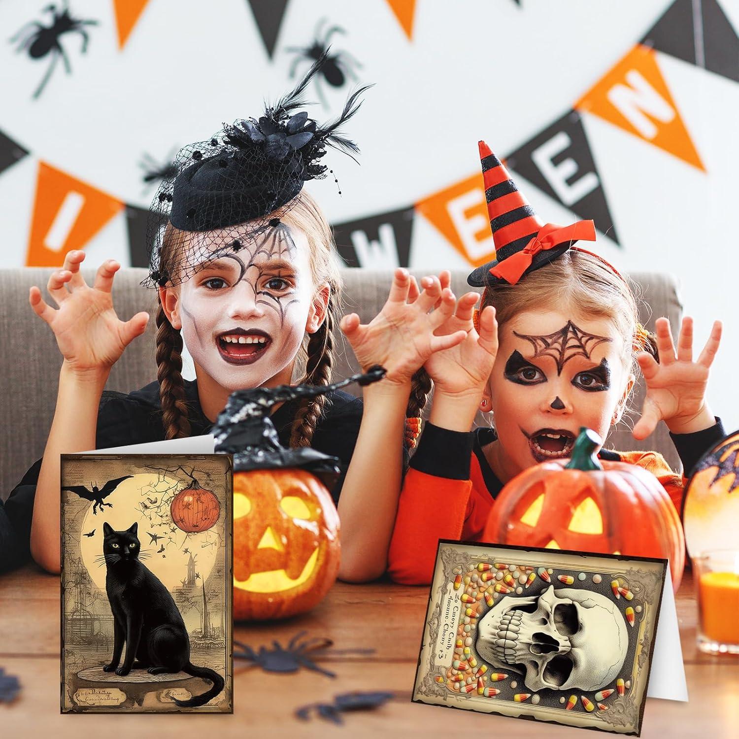 imageWhaline 32 Pack Halloween Greeting Cards with Stickers Envelopes Vintage Pumpkin Black Cat Skull Blank Note Cards for Trick or Treat Invitation 4 x 6 Inch