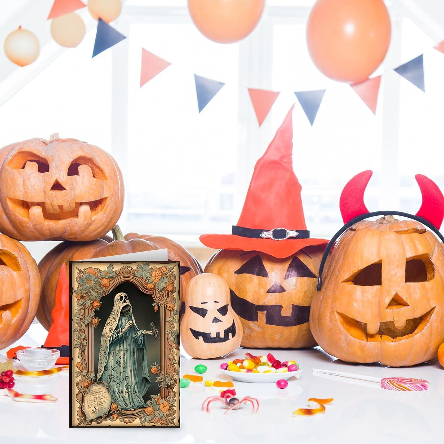 imageWhaline 32 Pack Halloween Greeting Cards with Stickers Envelopes Vintage Pumpkin Black Cat Skull Blank Note Cards for Trick or Treat Invitation 4 x 6 Inch