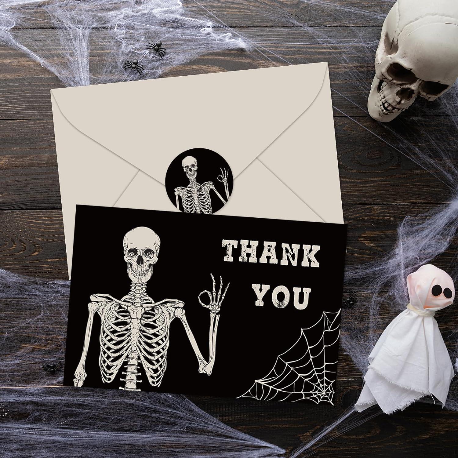 imageWhaline 32 Pack Halloween Thank You Cards Black Smiling Skeleton Greeting Cards Blank Note Cards with Envelope ampamp Stickers for Holiday Birthday Party 4 x 6 Inch