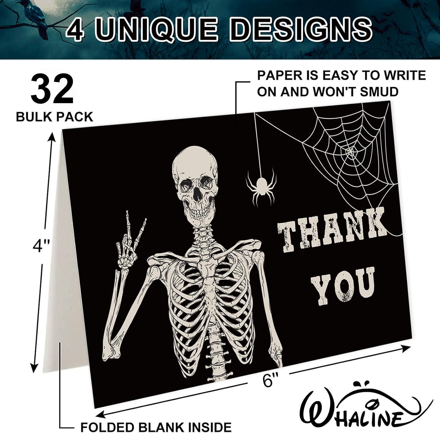 imageWhaline 32 Pack Halloween Thank You Cards Black Smiling Skeleton Greeting Cards Blank Note Cards with Envelope ampamp Stickers for Holiday Birthday Party 4 x 6 Inch