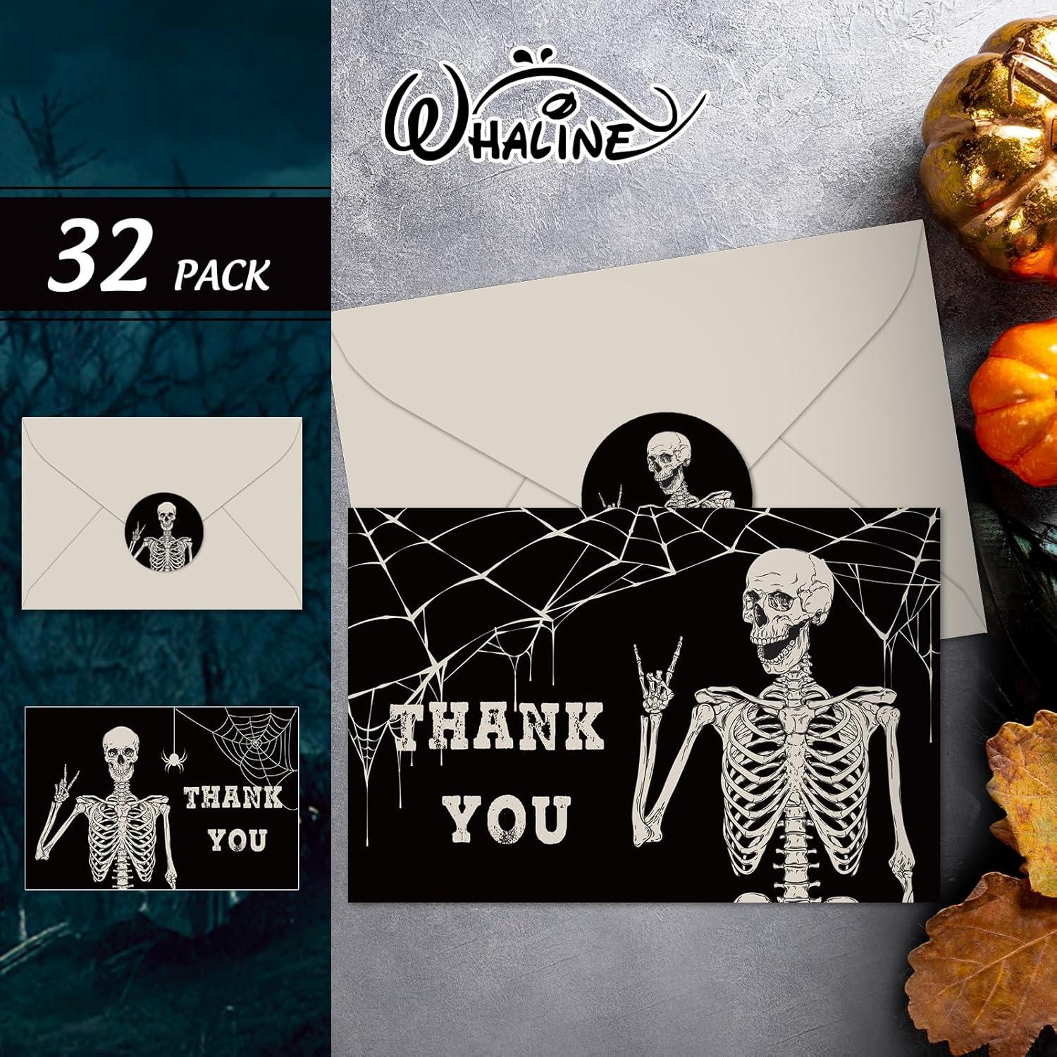 imageWhaline 32 Pack Halloween Thank You Cards Black Smiling Skeleton Greeting Cards Blank Note Cards with Envelope ampamp Stickers for Holiday Birthday Party 4 x 6 Inch