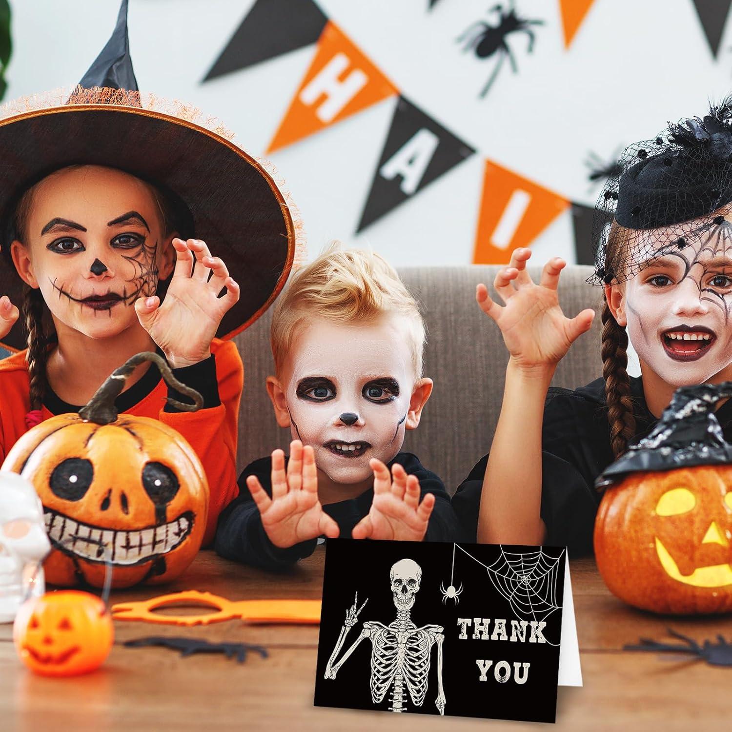 imageWhaline 32 Pack Halloween Thank You Cards Black Smiling Skeleton Greeting Cards Blank Note Cards with Envelope ampamp Stickers for Holiday Birthday Party 4 x 6 Inch