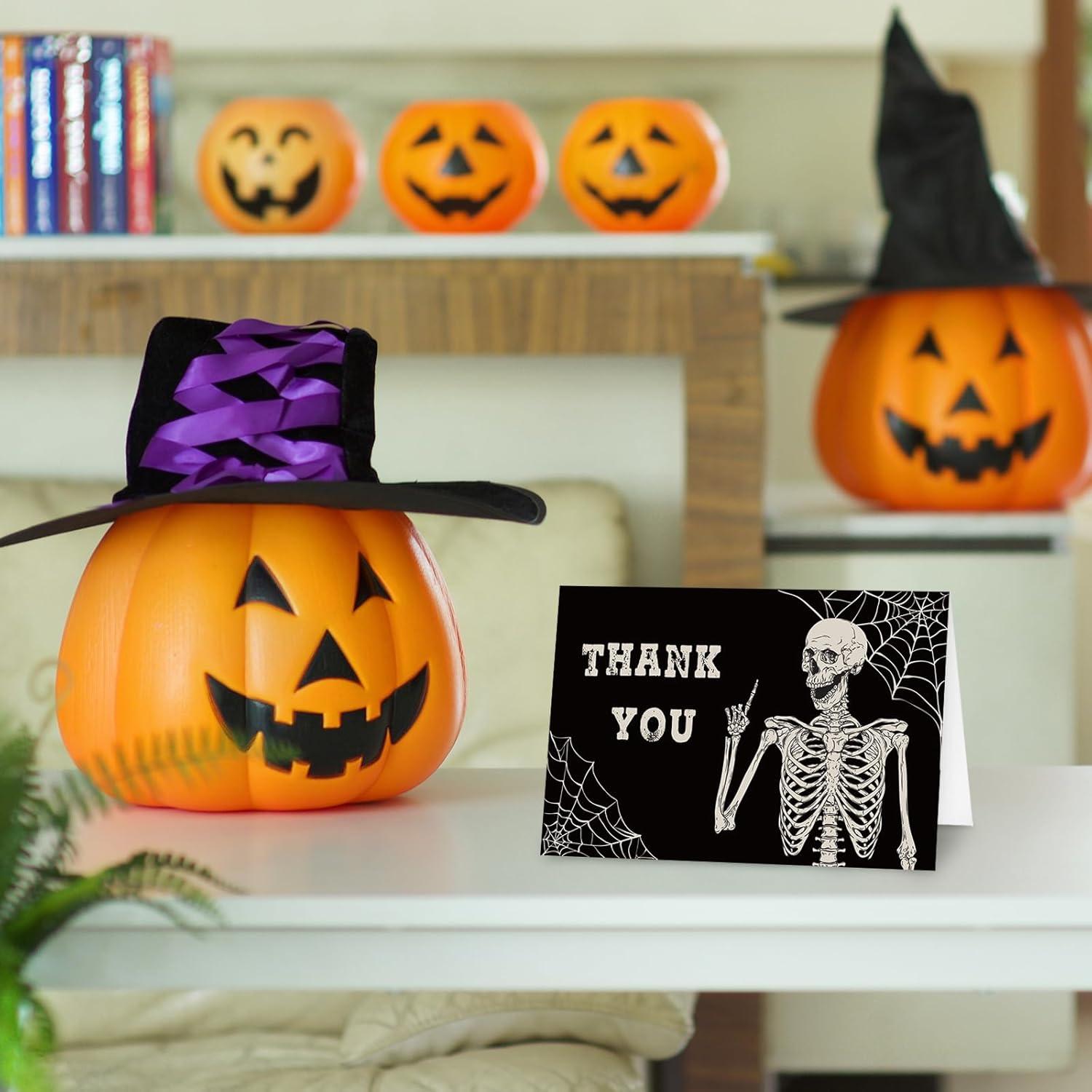 imageWhaline 32 Pack Halloween Thank You Cards Black Smiling Skeleton Greeting Cards Blank Note Cards with Envelope ampamp Stickers for Holiday Birthday Party 4 x 6 Inch