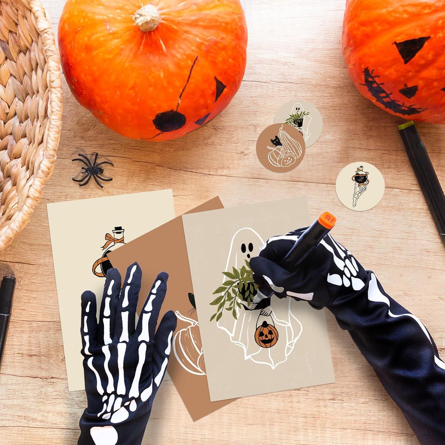 imageWhaline 33 Pack Halloween Greeting Cards with Sticker Envelope Spooky Groovy Ghost Skeleton Pumpkin Blank Note Cards for Trick or Treat Invitation 4 x 6 Inch