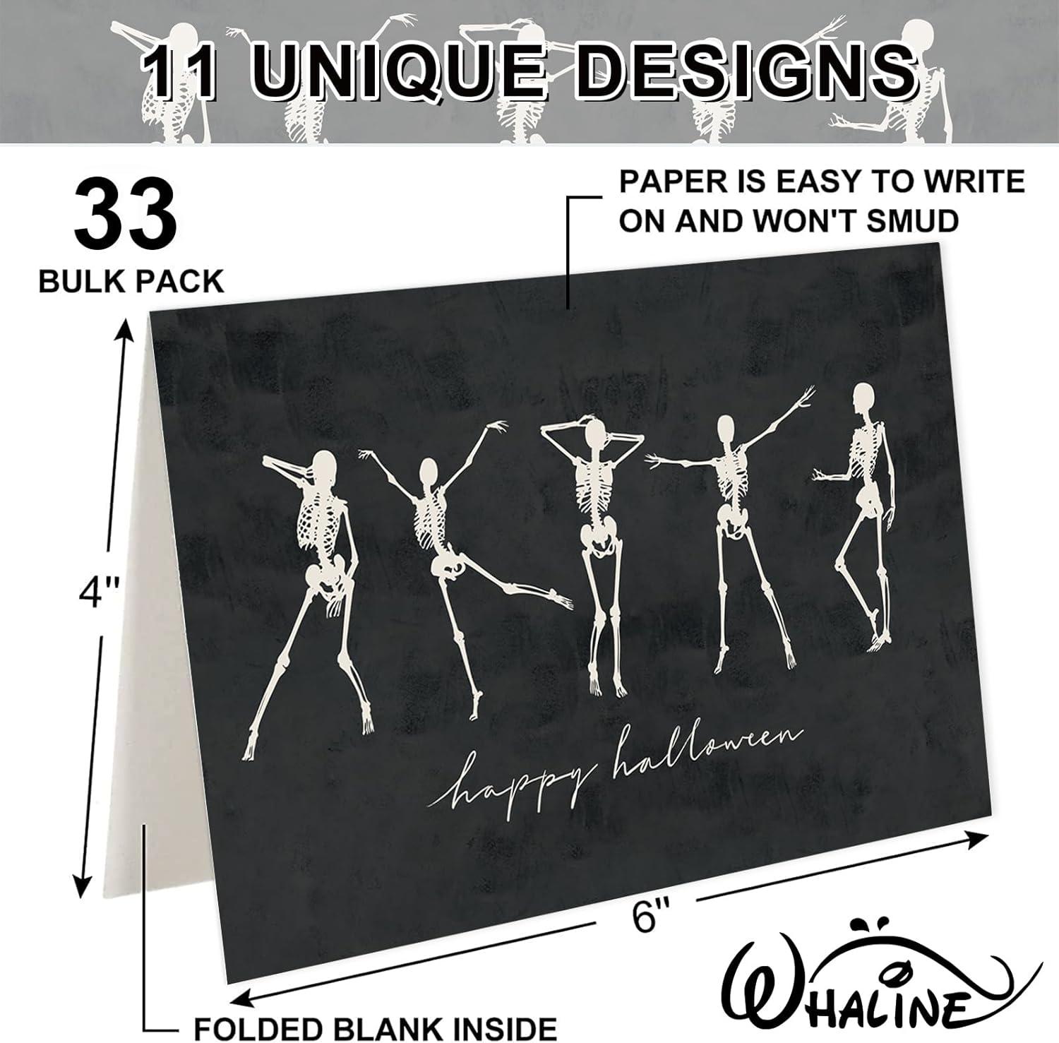 imageWhaline 33 Pack Halloween Greeting Cards with Sticker Envelope Spooky Groovy Ghost Skeleton Pumpkin Blank Note Cards for Trick or Treat Invitation 4 x 6 Inch