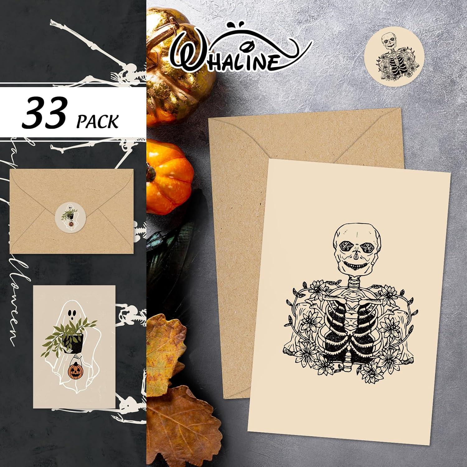 imageWhaline 33 Pack Halloween Greeting Cards with Sticker Envelope Spooky Groovy Ghost Skeleton Pumpkin Blank Note Cards for Trick or Treat Invitation 4 x 6 Inch