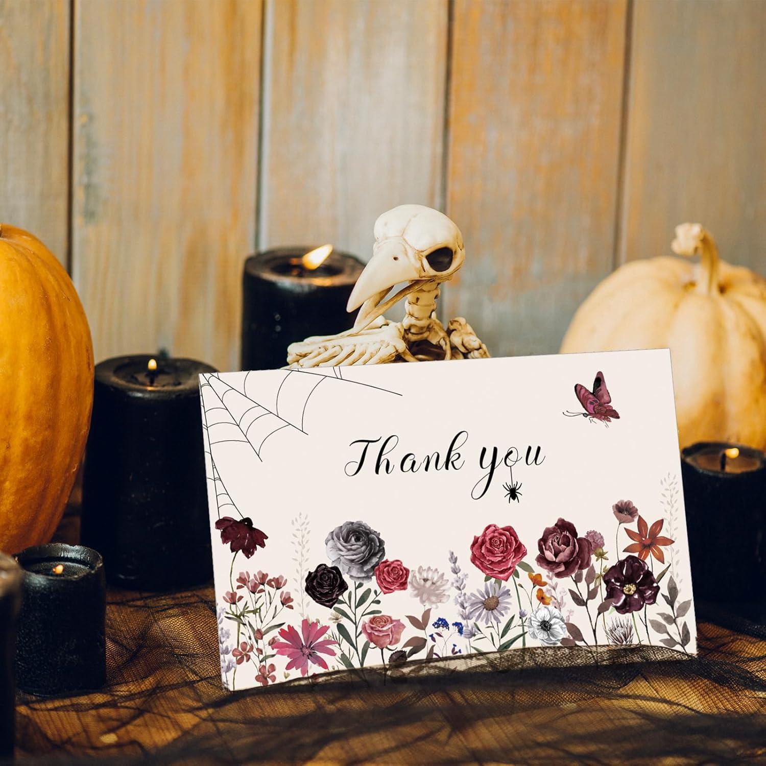 imageWhaline 36 Packs Halloween Floral Thank You Cards Watercolor Flower Greeting Cards with Envelopes and Stickers Blank Note Cards for Wedding Birthday Party Supplies