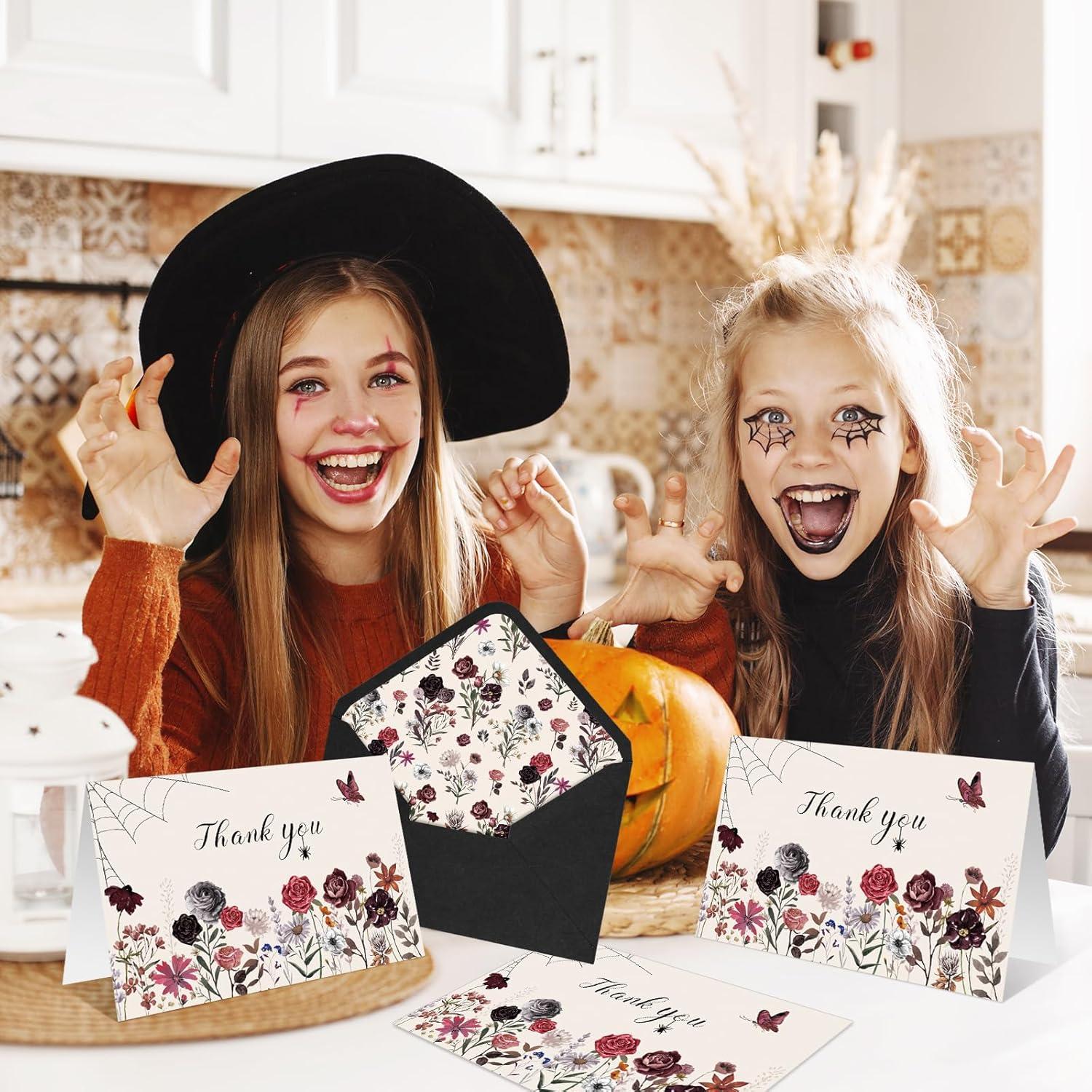 imageWhaline 36 Packs Halloween Floral Thank You Cards Watercolor Flower Greeting Cards with Envelopes and Stickers Blank Note Cards for Wedding Birthday Party Supplies