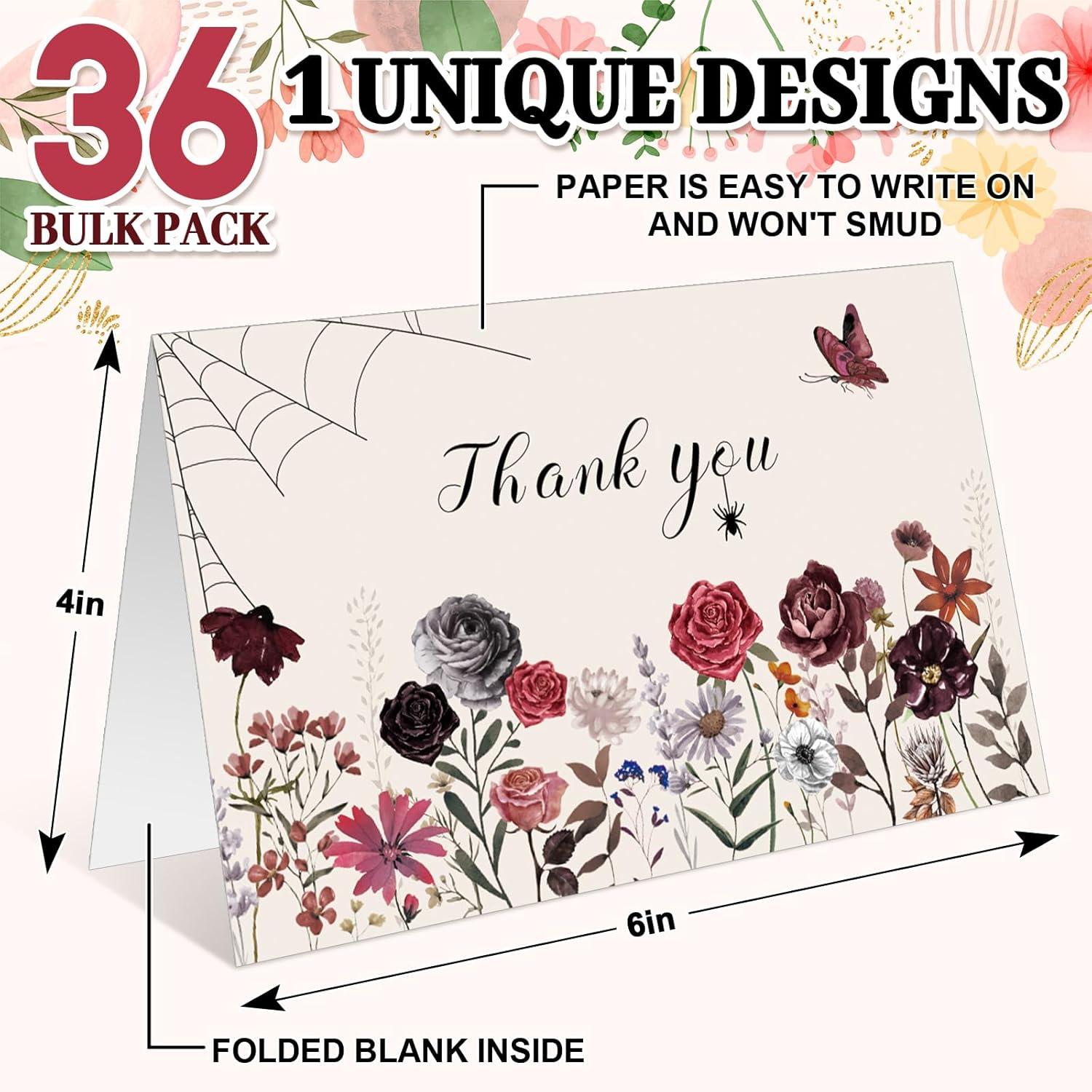 imageWhaline 36 Packs Halloween Floral Thank You Cards Watercolor Flower Greeting Cards with Envelopes and Stickers Blank Note Cards for Wedding Birthday Party Supplies