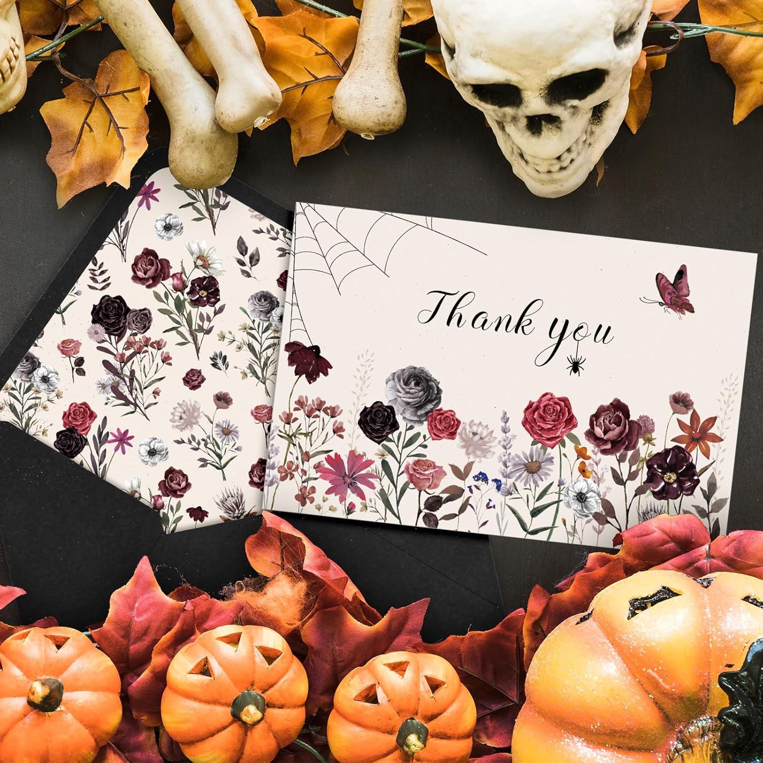 imageWhaline 36 Packs Halloween Floral Thank You Cards Watercolor Flower Greeting Cards with Envelopes and Stickers Blank Note Cards for Wedding Birthday Party Supplies
