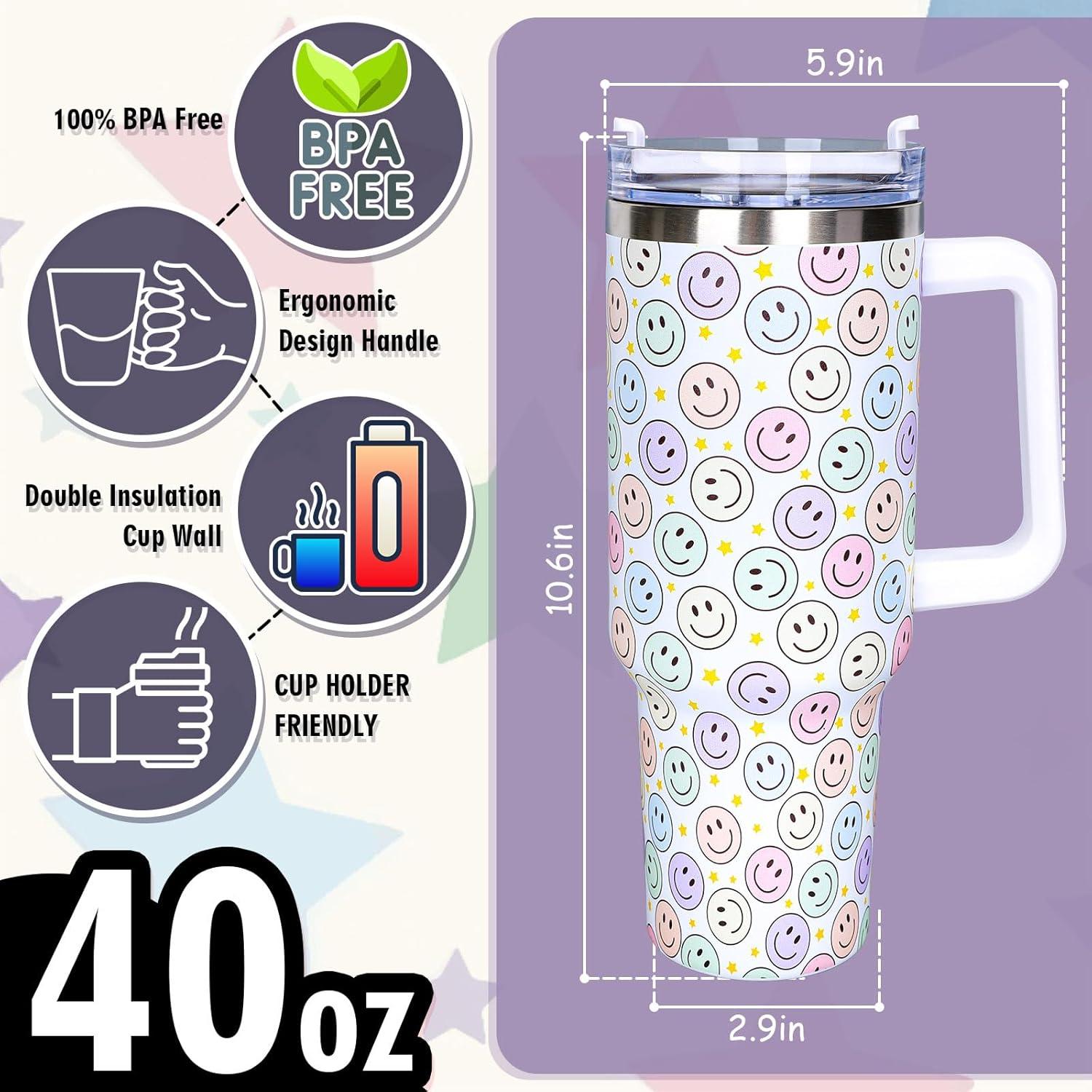 imageWhaline 40oz Halloween Skull Tumbler with Straw and Lid Spooky Skull Flower Travel Coffee Tumbler Cup with Handle for Trick or Treat Birthday Party Giftshappy face