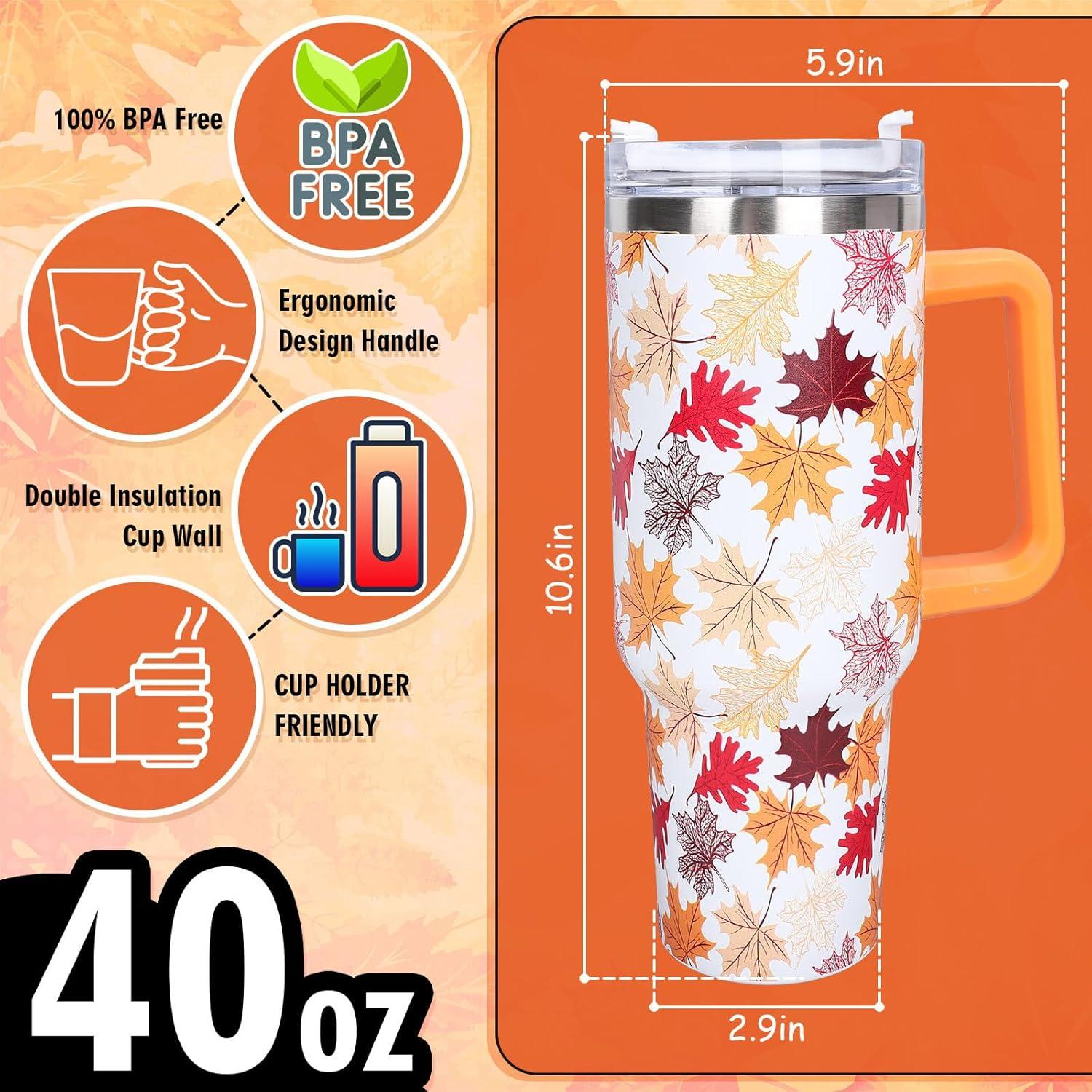 imageWhaline 40oz Halloween Skull Tumbler with Straw and Lid Spooky Skull Flower Travel Coffee Tumbler Cup with Handle for Trick or Treat Birthday Party Giftsfall leaves