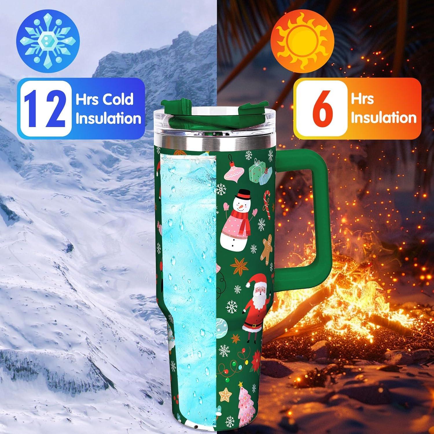 imageWhaline 40oz Halloween Skull Tumbler with Straw and Lid Spooky Skull Flower Travel Coffee Tumbler Cup with Handle for Trick or Treat Birthday Party GiftsGreen Christmas