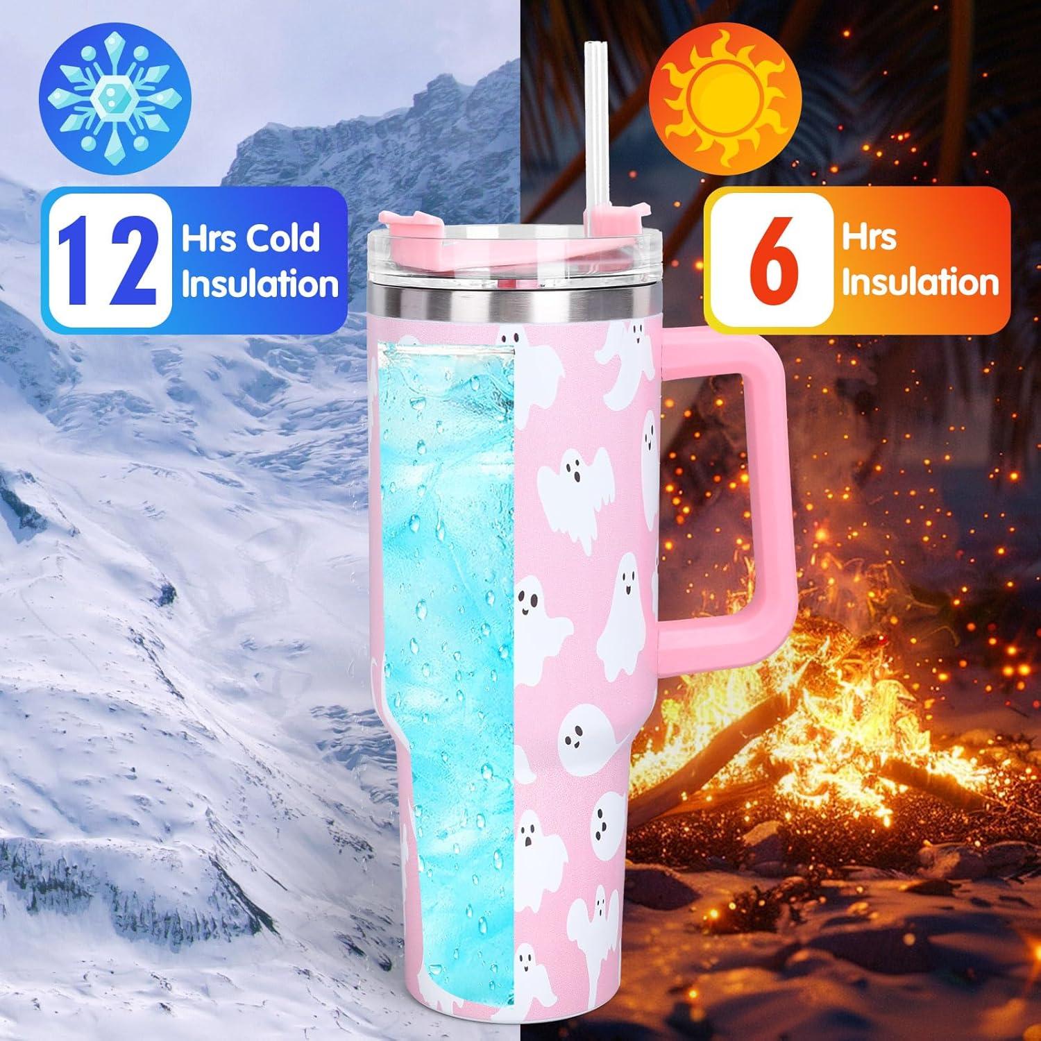 imageWhaline 40oz Halloween Skull Tumbler with Straw and Lid Spooky Skull Flower Travel Coffee Tumbler Cup with Handle for Trick or Treat Birthday Party Giftspink ghost