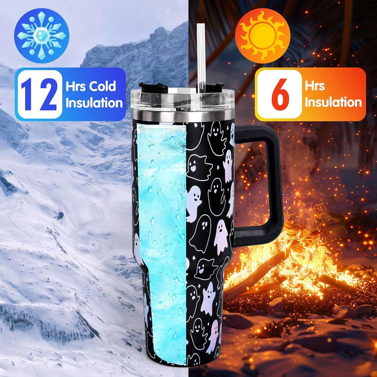 imageWhaline 40oz Halloween Skull Tumbler with Straw and Lid Spooky Skull Flower Travel Coffee Tumbler Cup with Handle for Trick or Treat Birthday Party Giftslaser ghost