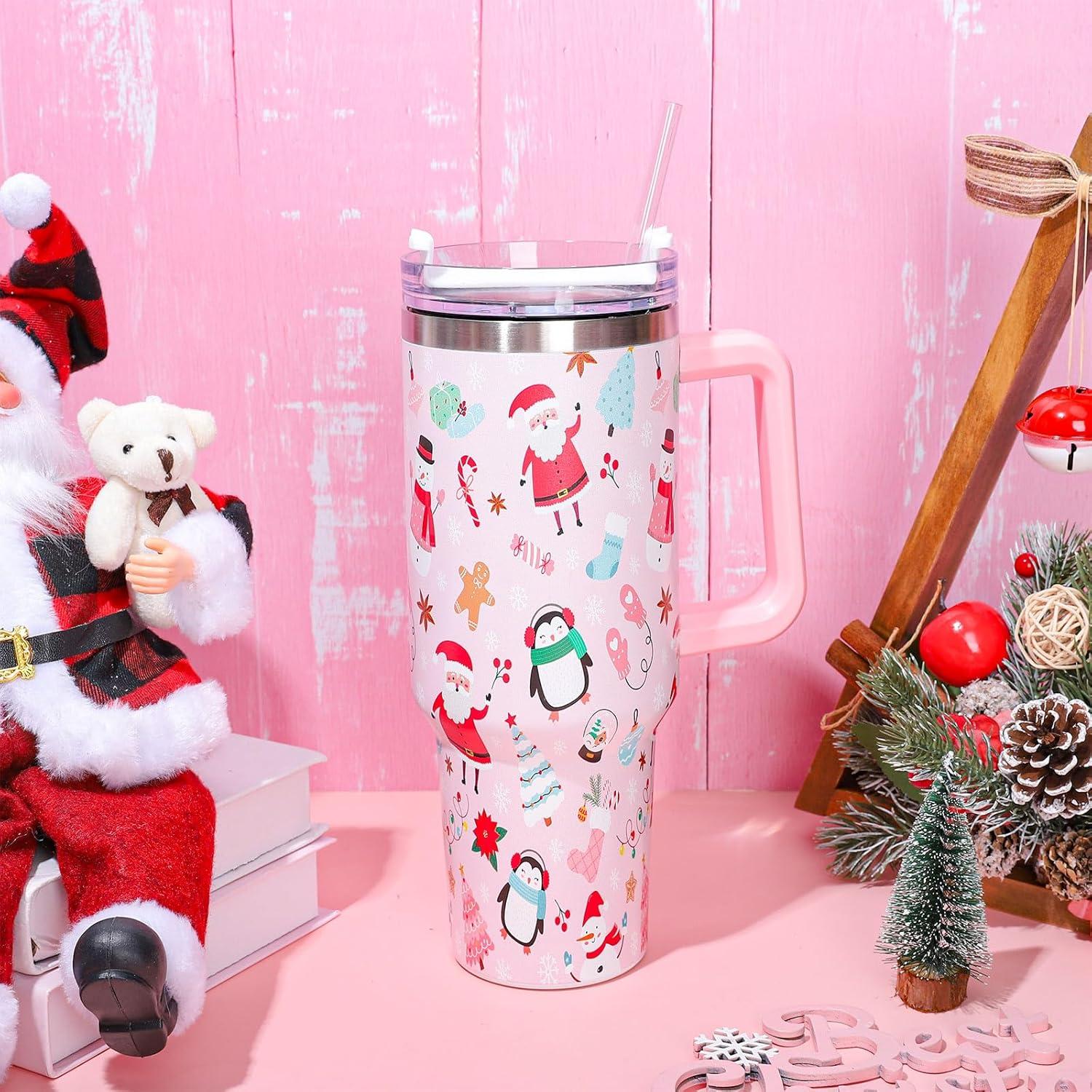 imageWhaline 40oz Halloween Skull Tumbler with Straw and Lid Spooky Skull Flower Travel Coffee Tumbler Cup with Handle for Trick or Treat Birthday Party GiftsChristmas Cartoon