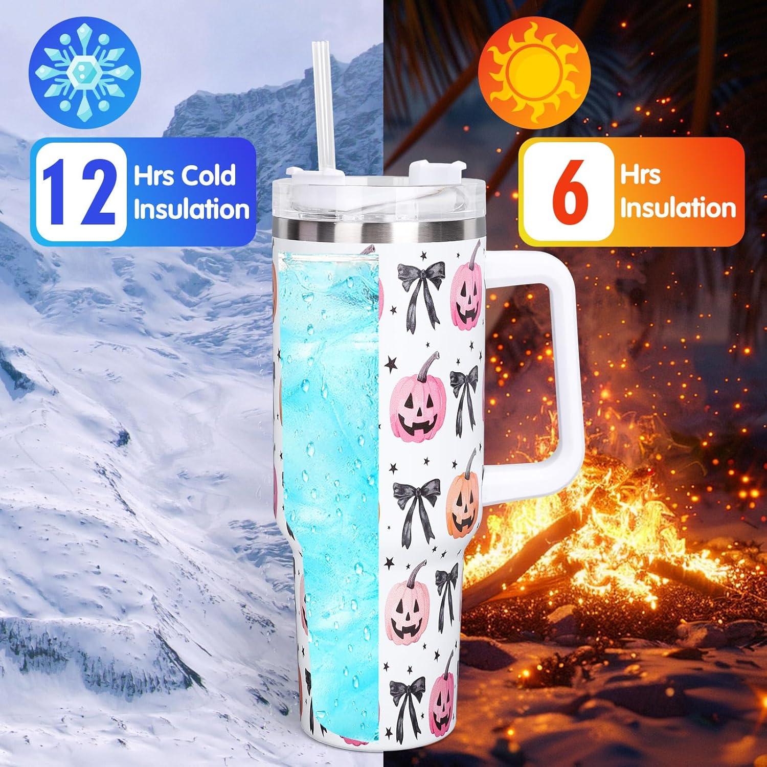 imageWhaline 40oz Halloween Skull Tumbler with Straw and Lid Spooky Skull Flower Travel Coffee Tumbler Cup with Handle for Trick or Treat Birthday Party Giftspumpkin bow