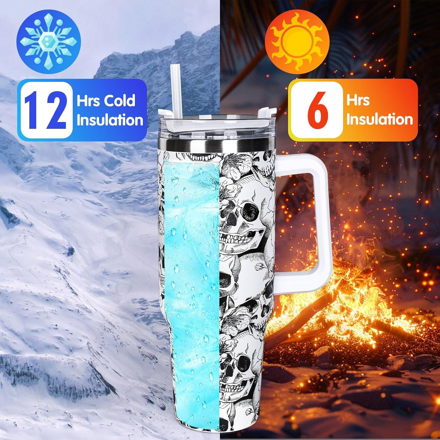 imageWhaline 40oz Halloween Skull Tumbler with Straw and Lid Spooky Skull Flower Travel Coffee Tumbler Cup with Handle for Trick or Treat Birthday Party GiftsSkeleton