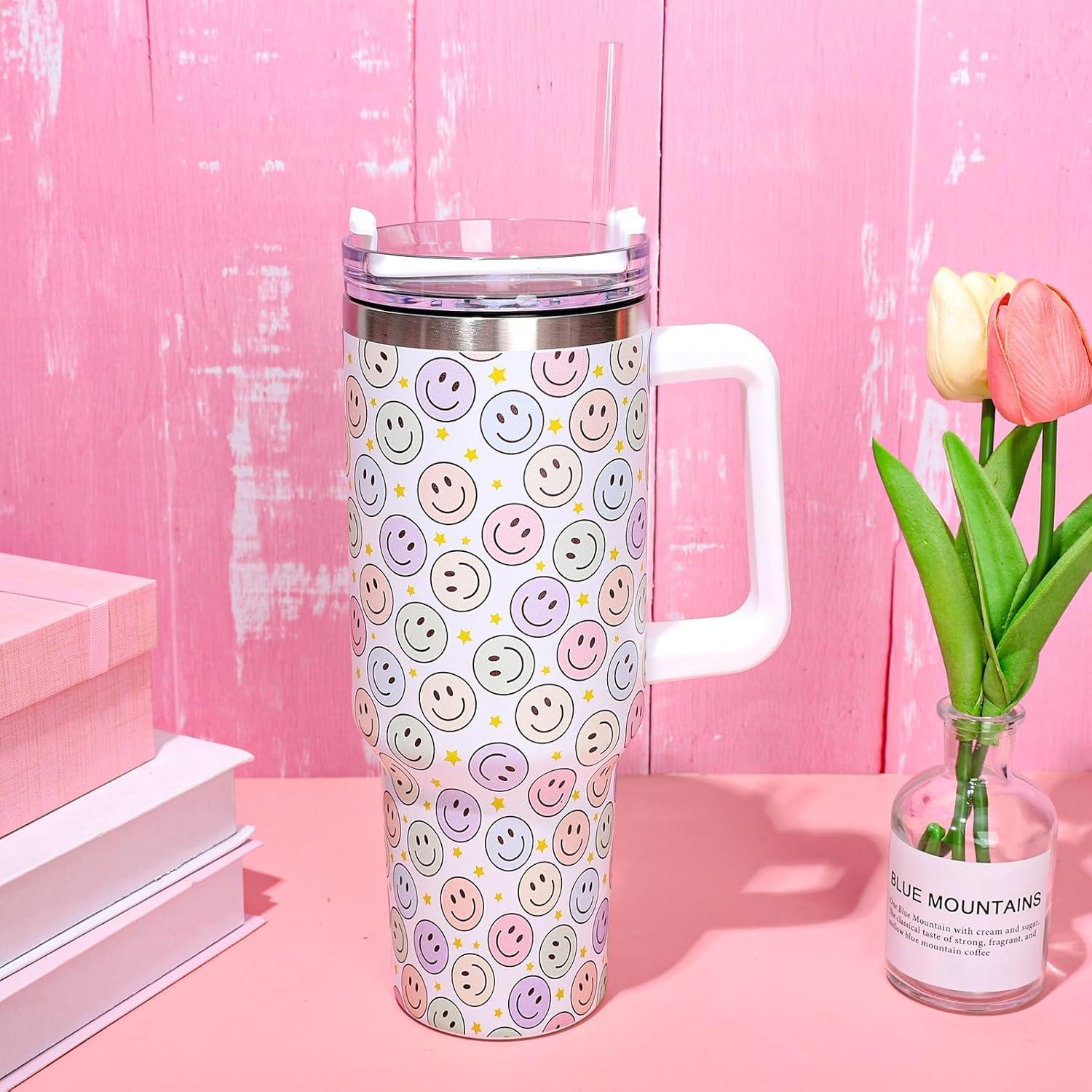 imageWhaline 40oz Halloween Skull Tumbler with Straw and Lid Spooky Skull Flower Travel Coffee Tumbler Cup with Handle for Trick or Treat Birthday Party Giftshappy face