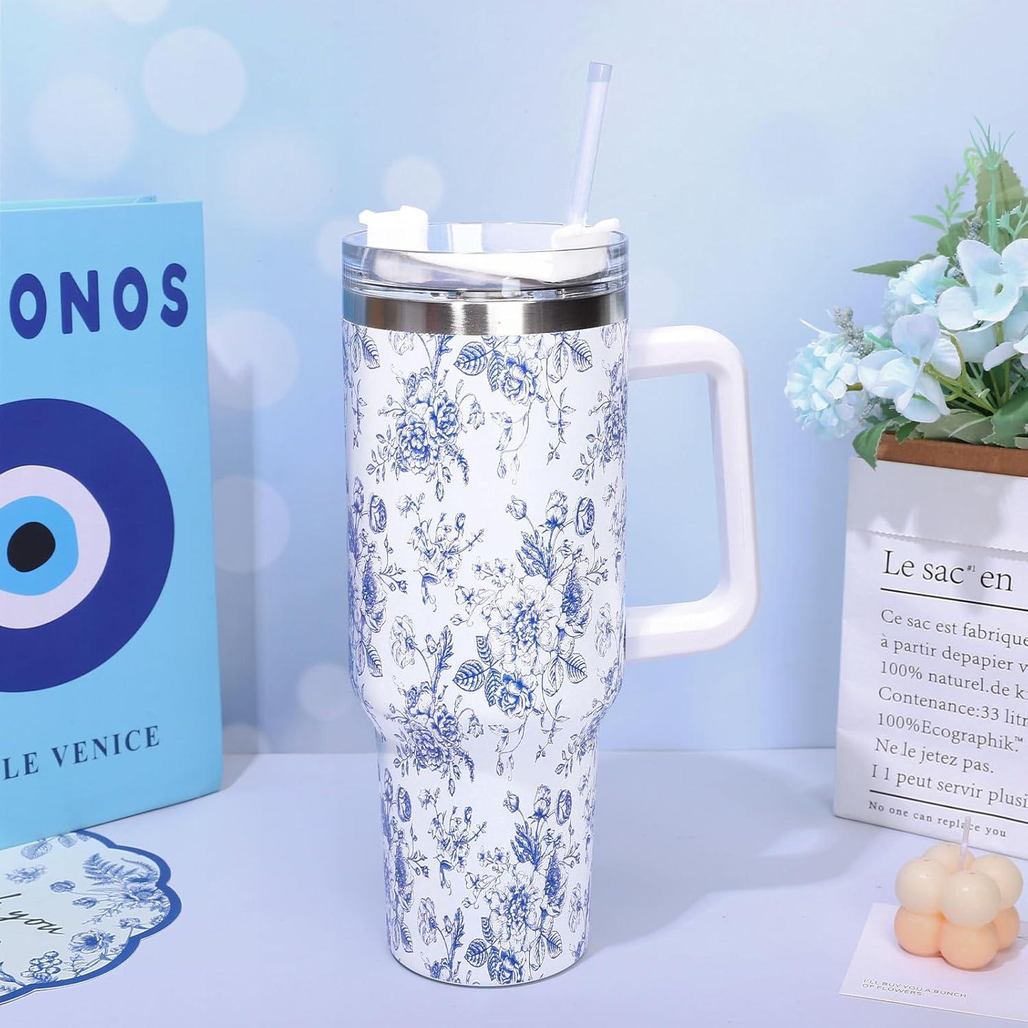 imageWhaline 40oz Halloween Skull Tumbler with Straw and Lid Spooky Skull Flower Travel Coffee Tumbler Cup with Handle for Trick or Treat Birthday Party Giftsblue flower