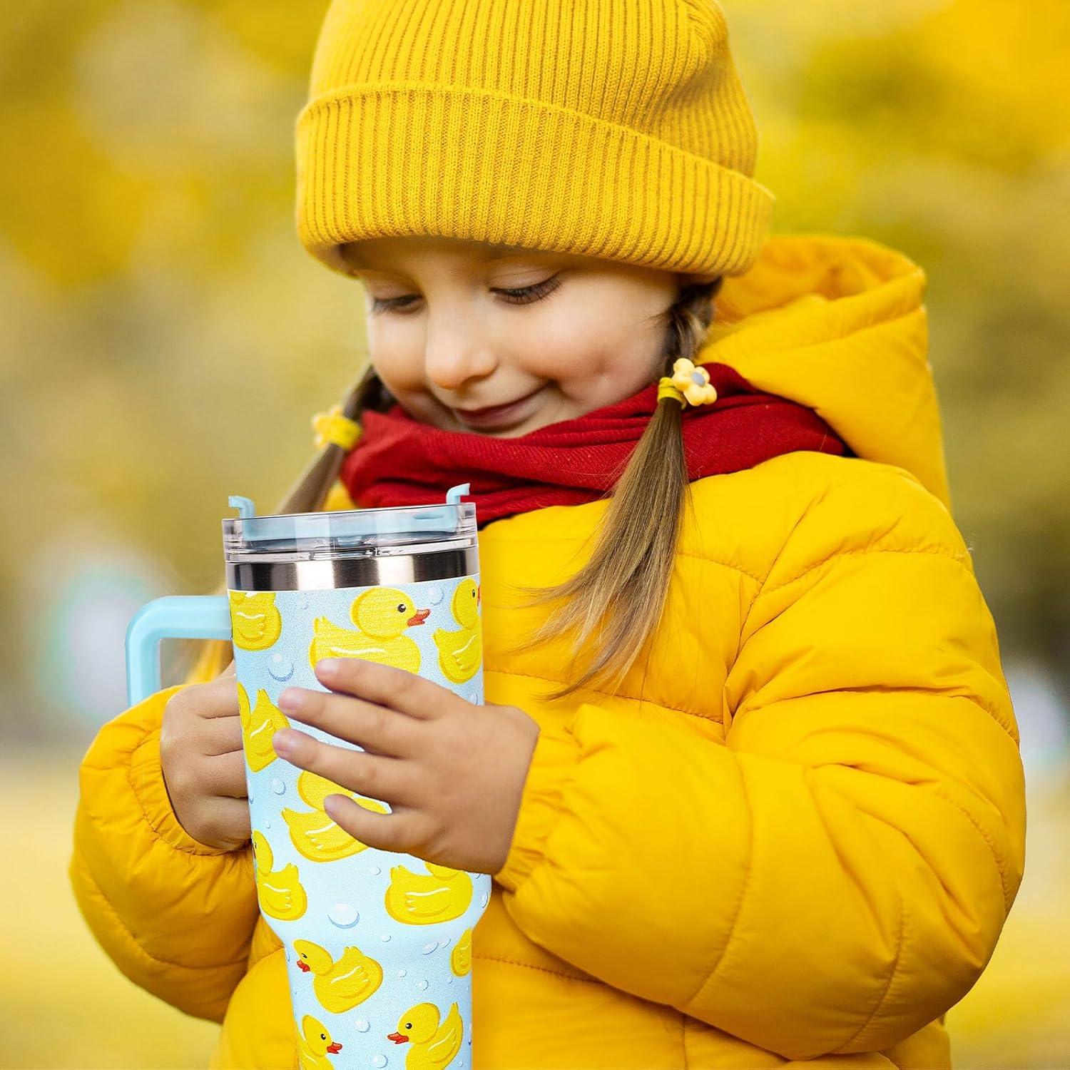 imageWhaline 40oz Halloween Skull Tumbler with Straw and Lid Spooky Skull Flower Travel Coffee Tumbler Cup with Handle for Trick or Treat Birthday Party Giftsyellow duck