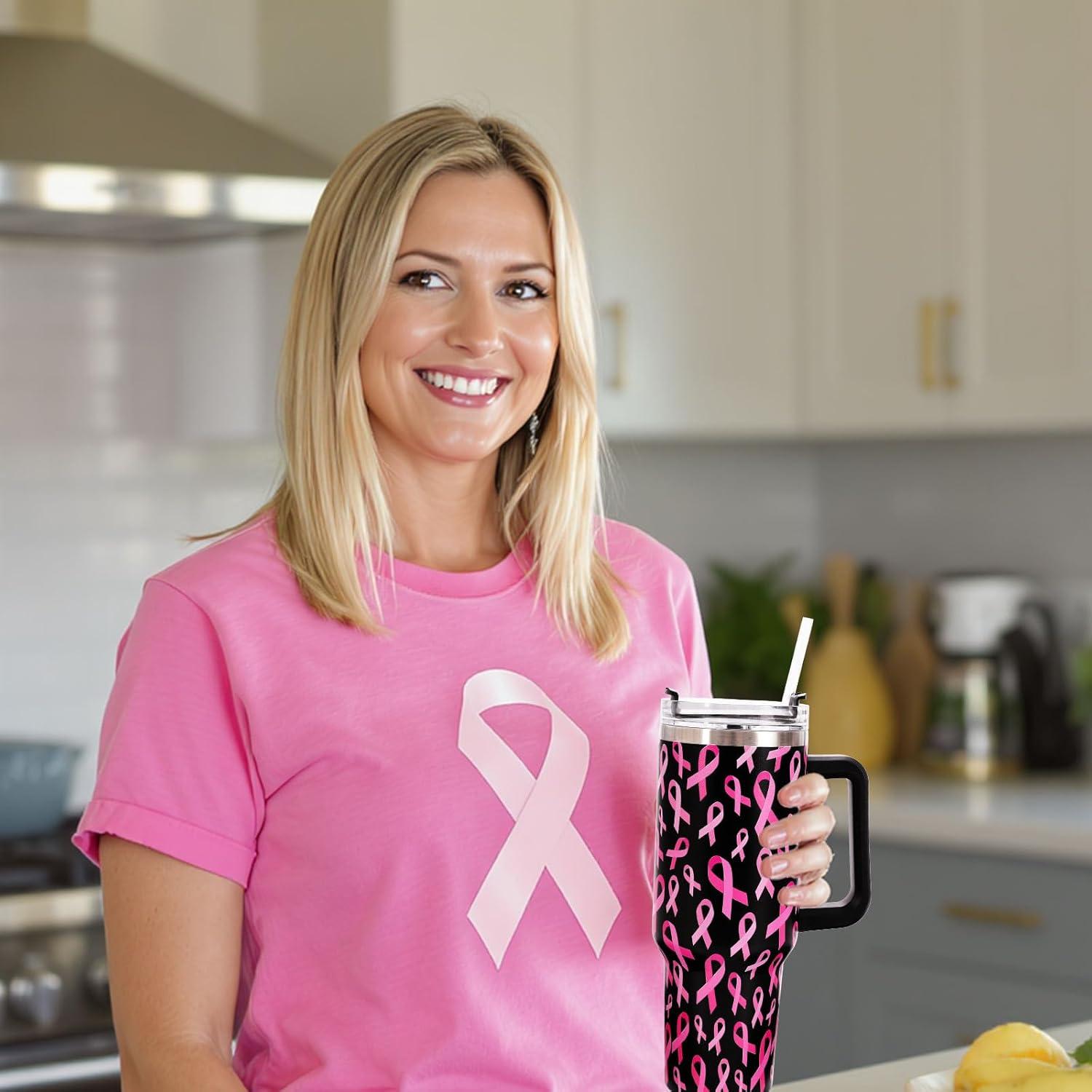 imageWhaline 40oz Halloween Skull Tumbler with Straw and Lid Spooky Skull Flower Travel Coffee Tumbler Cup with Handle for Trick or Treat Birthday Party GiftsBreast Cancer Awareness