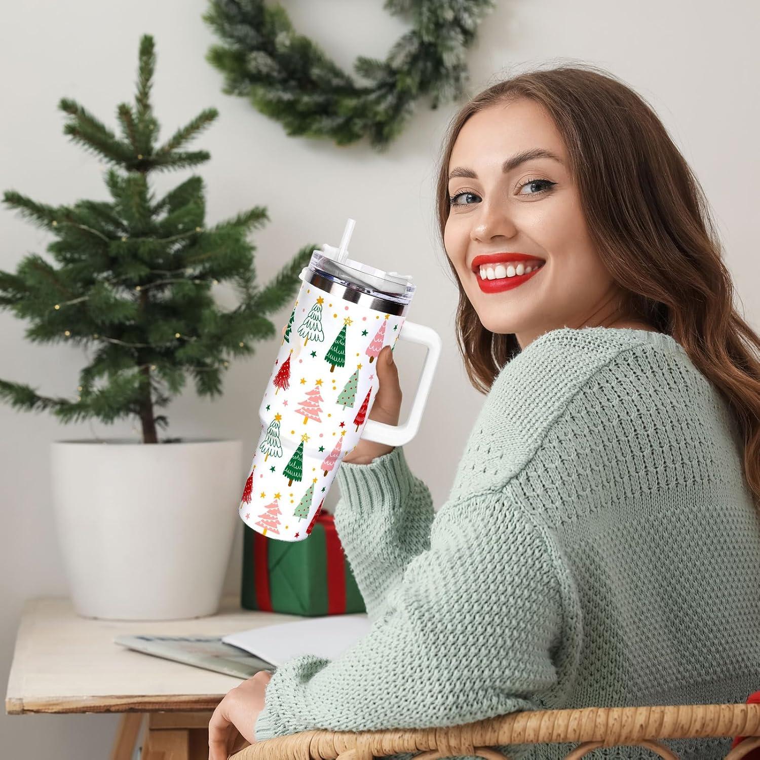 imageWhaline 40oz Halloween Skull Tumbler with Straw and Lid Spooky Skull Flower Travel Coffee Tumbler Cup with Handle for Trick or Treat Birthday Party GiftsChristmas Tree