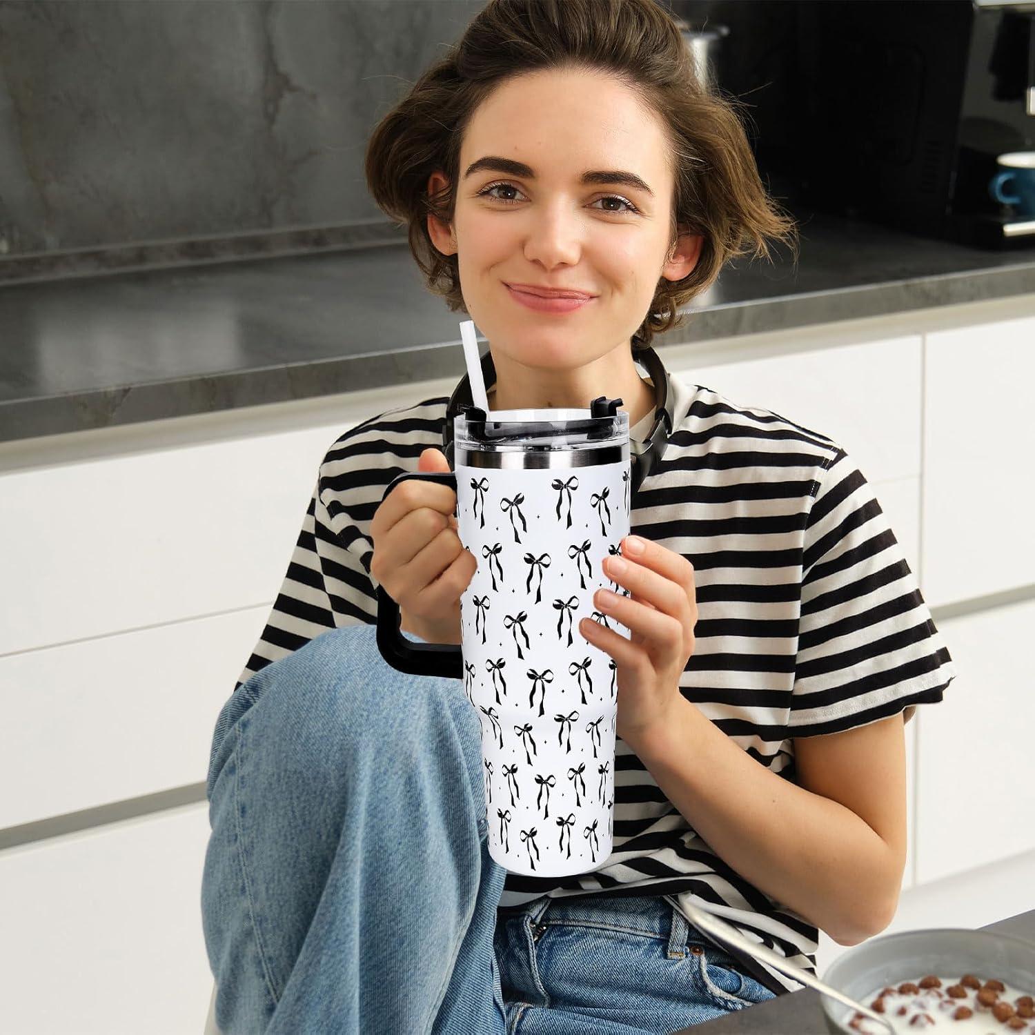 imageWhaline 40oz Halloween Skull Tumbler with Straw and Lid Spooky Skull Flower Travel Coffee Tumbler Cup with Handle for Trick or Treat Birthday Party Giftsblack bow