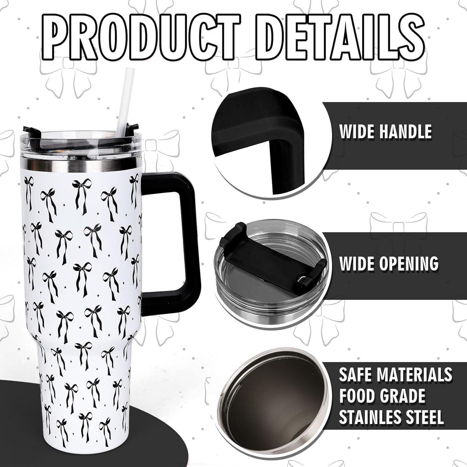 imageWhaline 40oz Halloween Skull Tumbler with Straw and Lid Spooky Skull Flower Travel Coffee Tumbler Cup with Handle for Trick or Treat Birthday Party Giftsblack bow