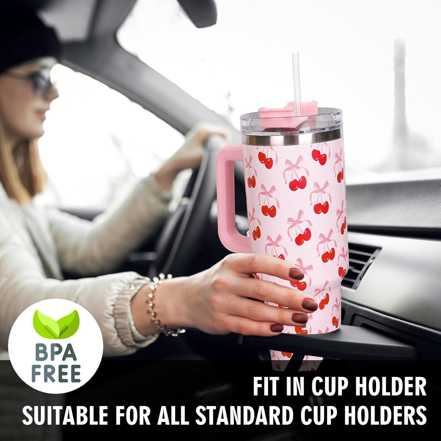 imageWhaline 40oz Halloween Skull Tumbler with Straw and Lid Spooky Skull Flower Travel Coffee Tumbler Cup with Handle for Trick or Treat Birthday Party Giftspink bow cherry