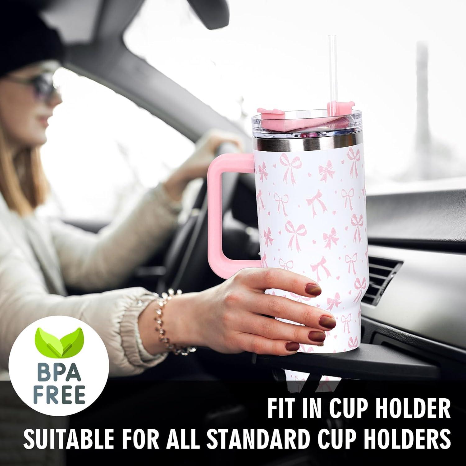 imageWhaline 40oz Halloween Skull Tumbler with Straw and Lid Spooky Skull Flower Travel Coffee Tumbler Cup with Handle for Trick or Treat Birthday Party Giftscute pink bow