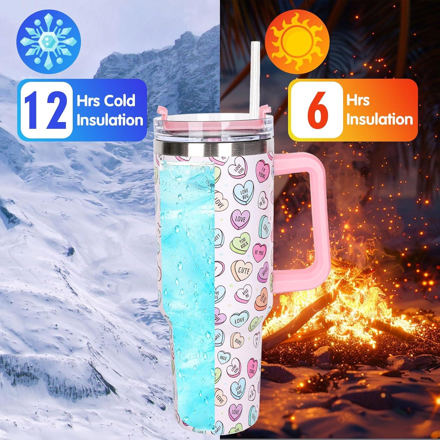 imageWhaline 40oz Halloween Skull Tumbler with Straw and Lid Spooky Skull Flower Travel Coffee Tumbler Cup with Handle for Trick or Treat Birthday Party Giftslove heart