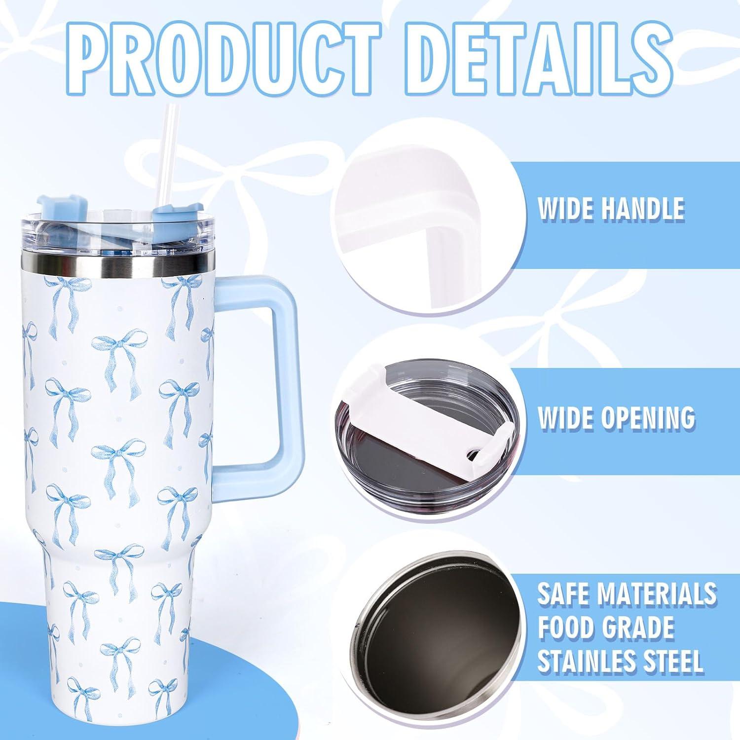 imageWhaline 40oz Halloween Skull Tumbler with Straw and Lid Spooky Skull Flower Travel Coffee Tumbler Cup with Handle for Trick or Treat Birthday Party Giftsblue bow