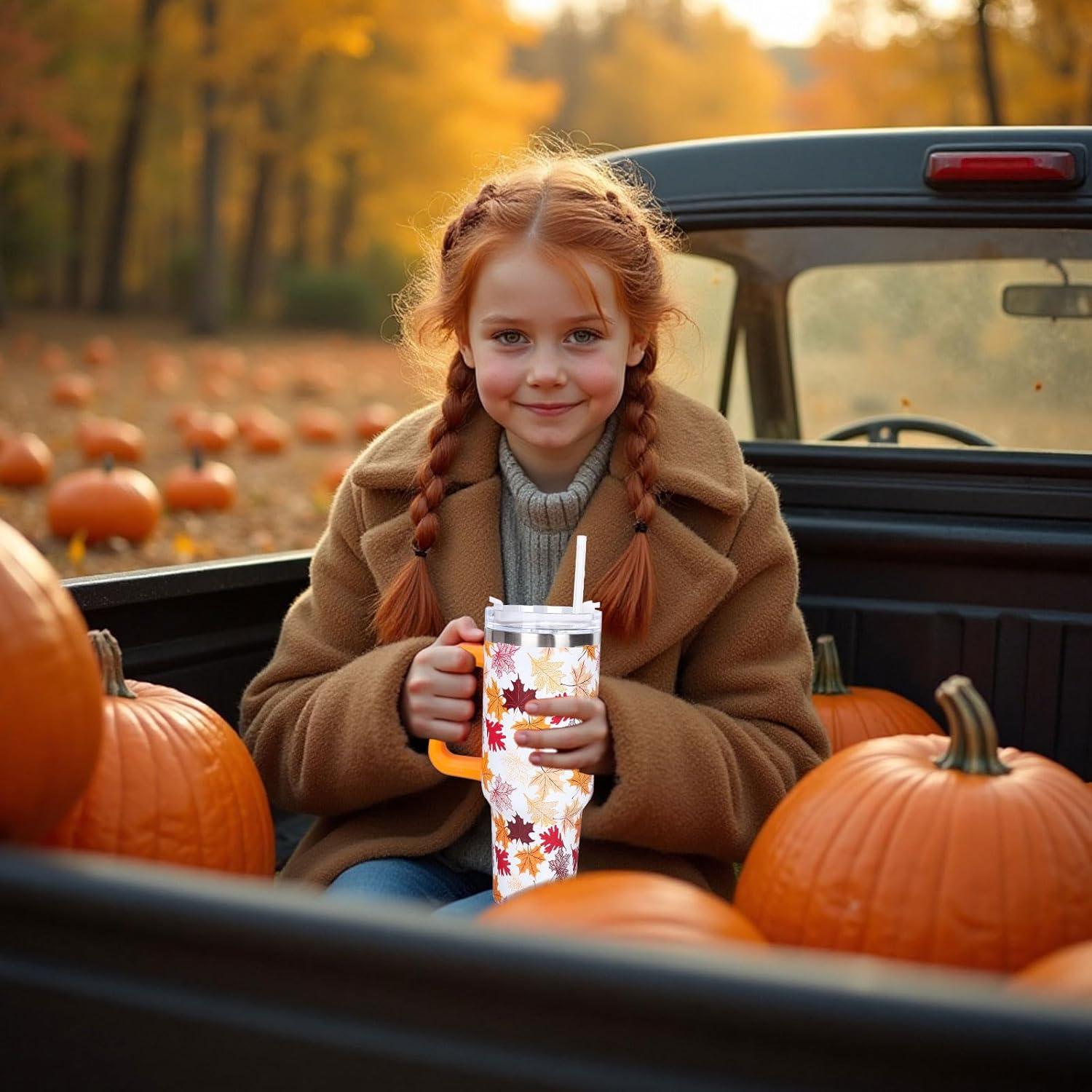 imageWhaline 40oz Halloween Skull Tumbler with Straw and Lid Spooky Skull Flower Travel Coffee Tumbler Cup with Handle for Trick or Treat Birthday Party Giftsfall leaves