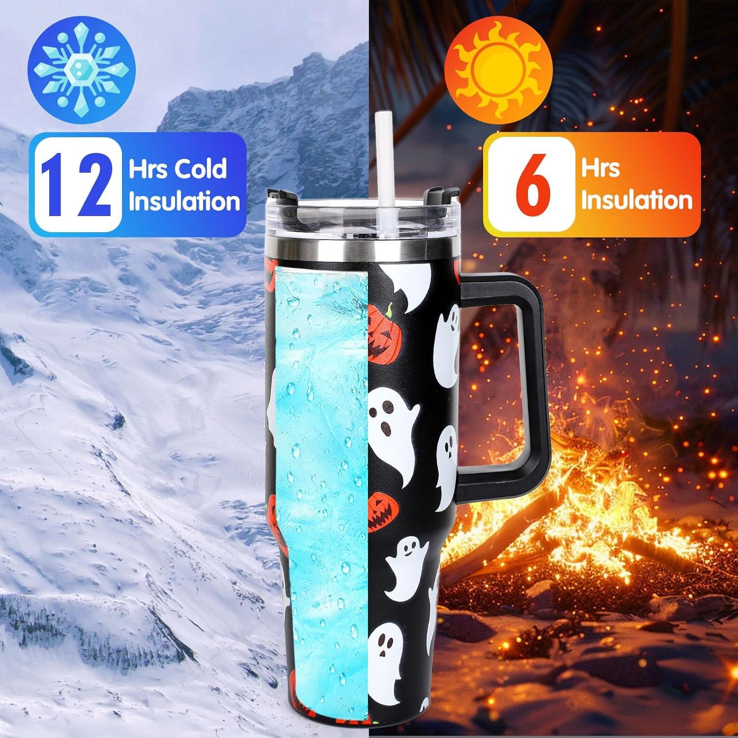 imageWhaline 40oz Halloween Skull Tumbler with Straw and Lid Spooky Skull Flower Travel Coffee Tumbler Cup with Handle for Trick or Treat Birthday Party GiftsGhost