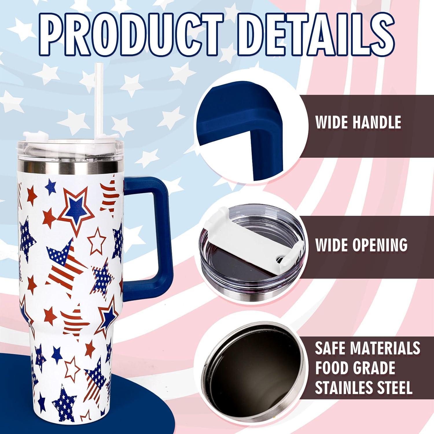 imageWhaline 40oz Halloween Skull Tumbler with Straw and Lid Spooky Skull Flower Travel Coffee Tumbler Cup with Handle for Trick or Treat Birthday Party GiftsIndependence Day Star