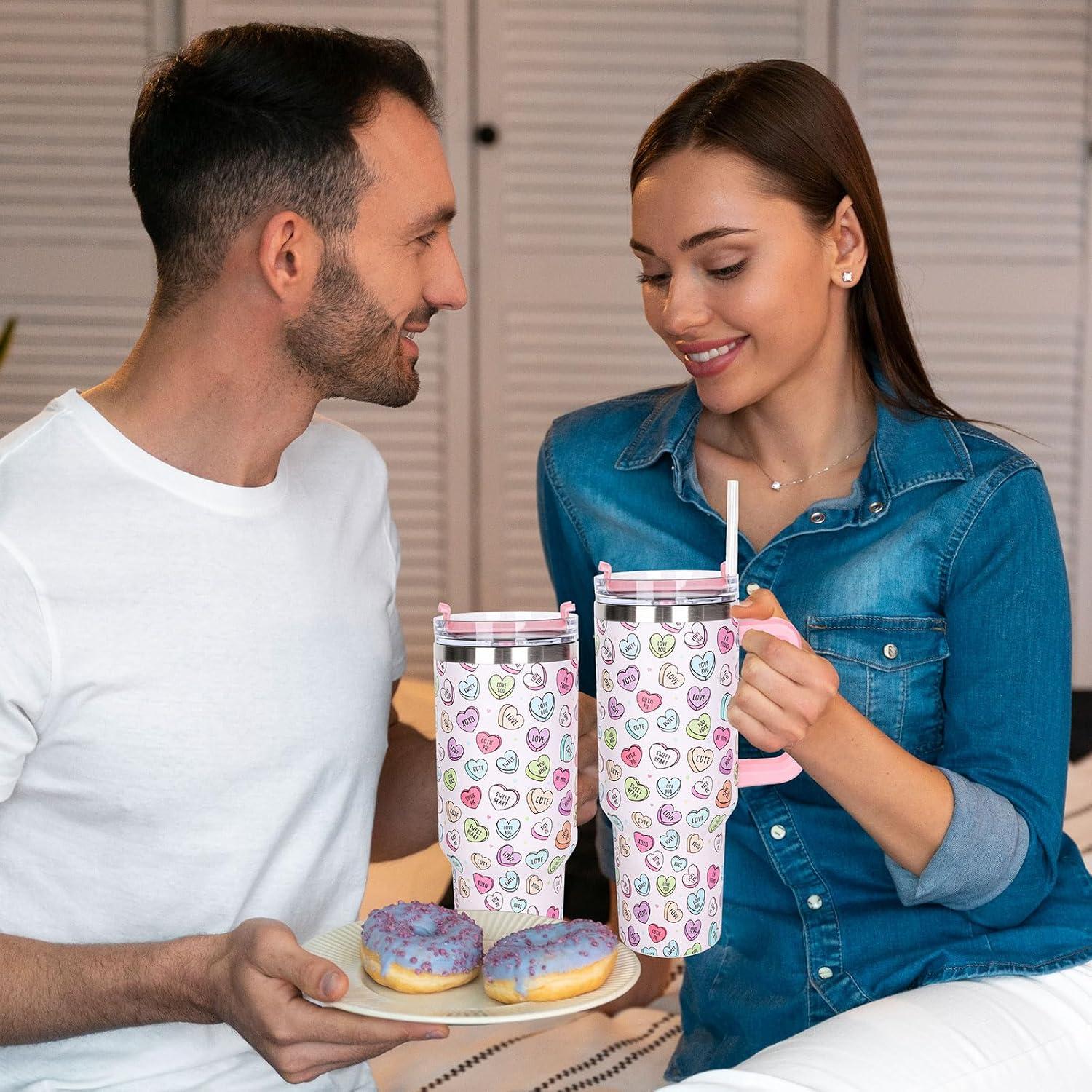 imageWhaline 40oz Halloween Skull Tumbler with Straw and Lid Spooky Skull Flower Travel Coffee Tumbler Cup with Handle for Trick or Treat Birthday Party Giftslove heart