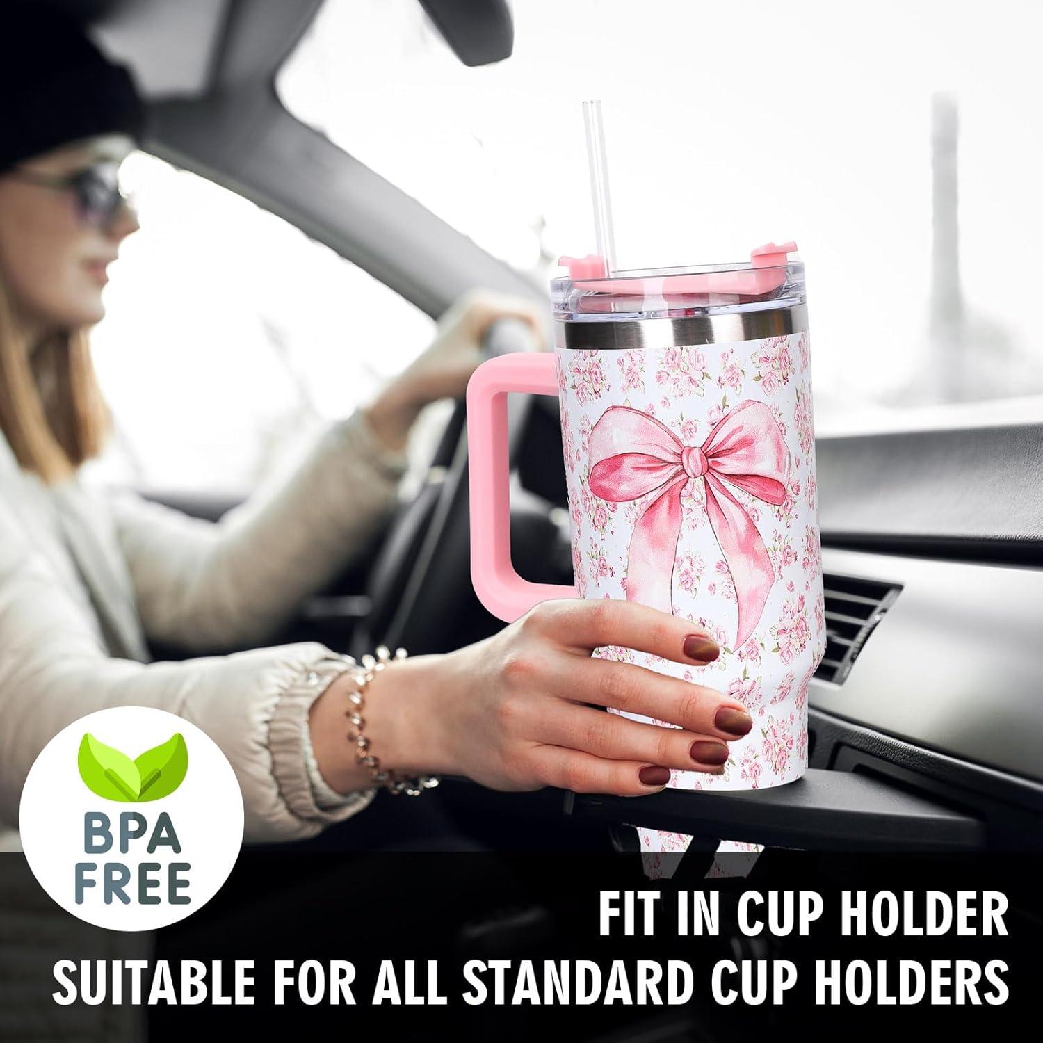 imageWhaline 40oz Halloween Skull Tumbler with Straw and Lid Spooky Skull Flower Travel Coffee Tumbler Cup with Handle for Trick or Treat Birthday Party Giftspink flower bow