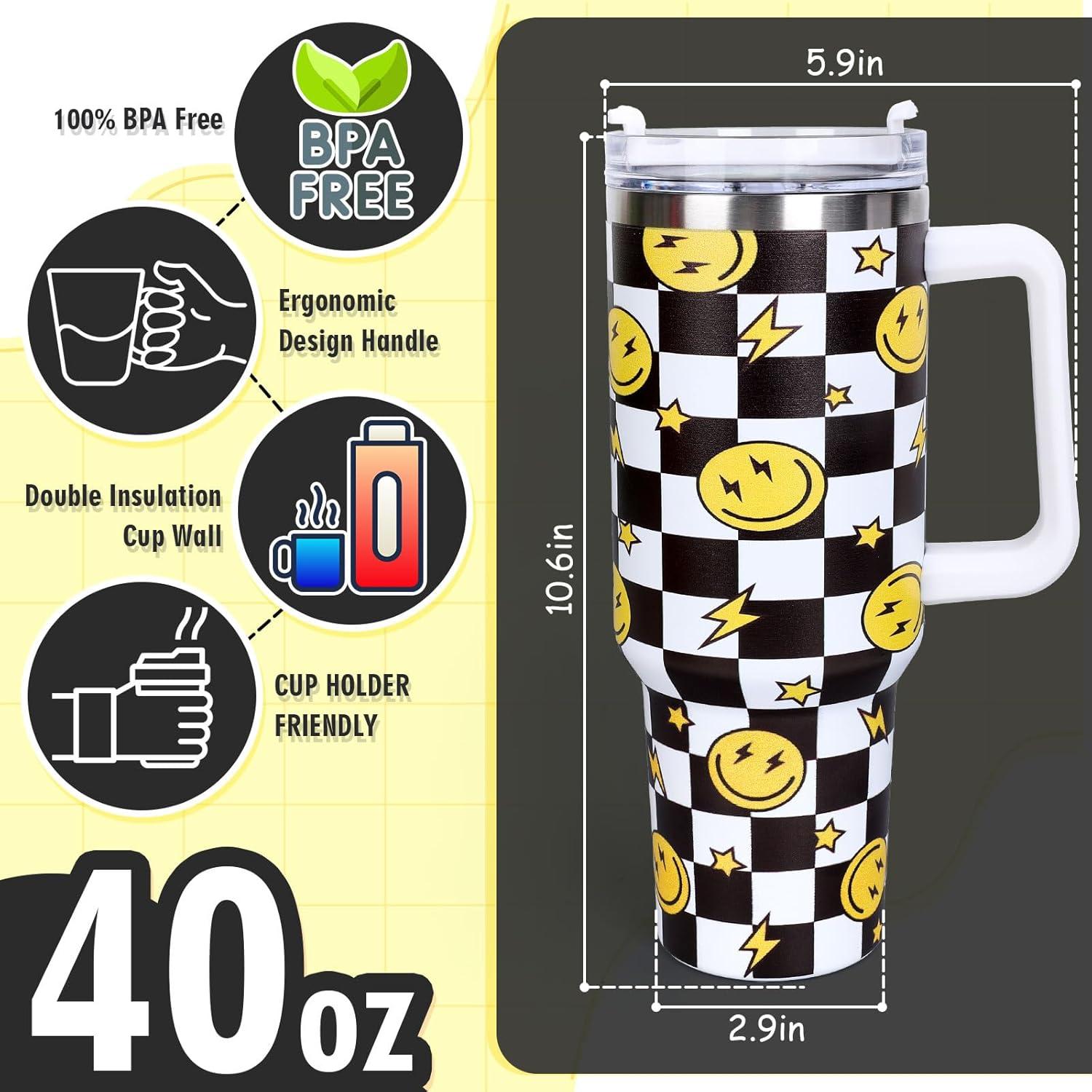 imageWhaline 40oz Halloween Skull Tumbler with Straw and Lid Spooky Skull Flower Travel Coffee Tumbler Cup with Handle for Trick or Treat Birthday Party Giftsone happy dude