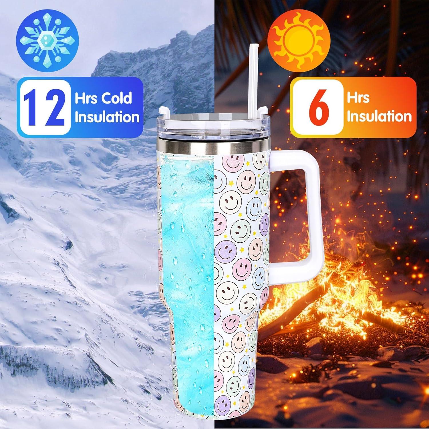 imageWhaline 40oz Halloween Skull Tumbler with Straw and Lid Spooky Skull Flower Travel Coffee Tumbler Cup with Handle for Trick or Treat Birthday Party Giftshappy face