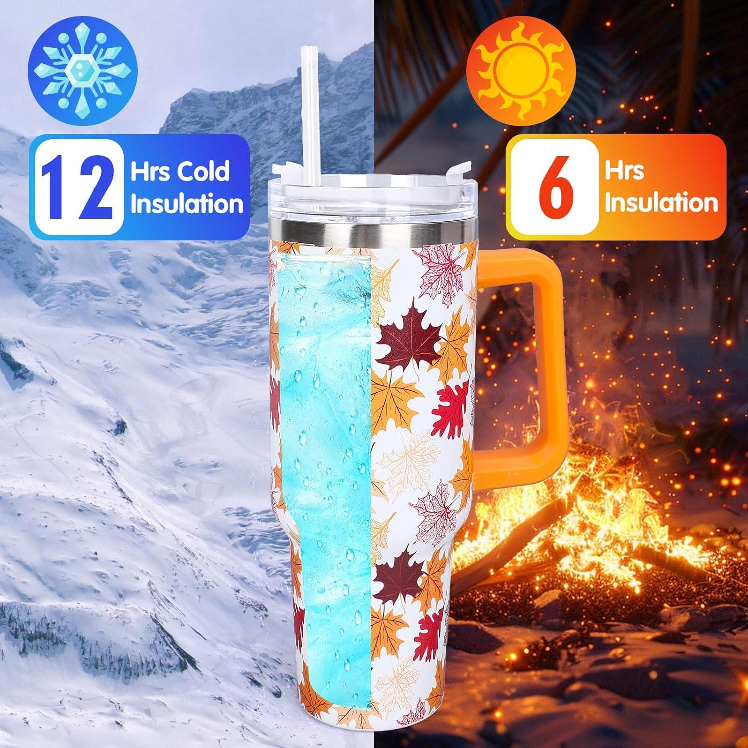 imageWhaline 40oz Halloween Skull Tumbler with Straw and Lid Spooky Skull Flower Travel Coffee Tumbler Cup with Handle for Trick or Treat Birthday Party Giftsfall leaves