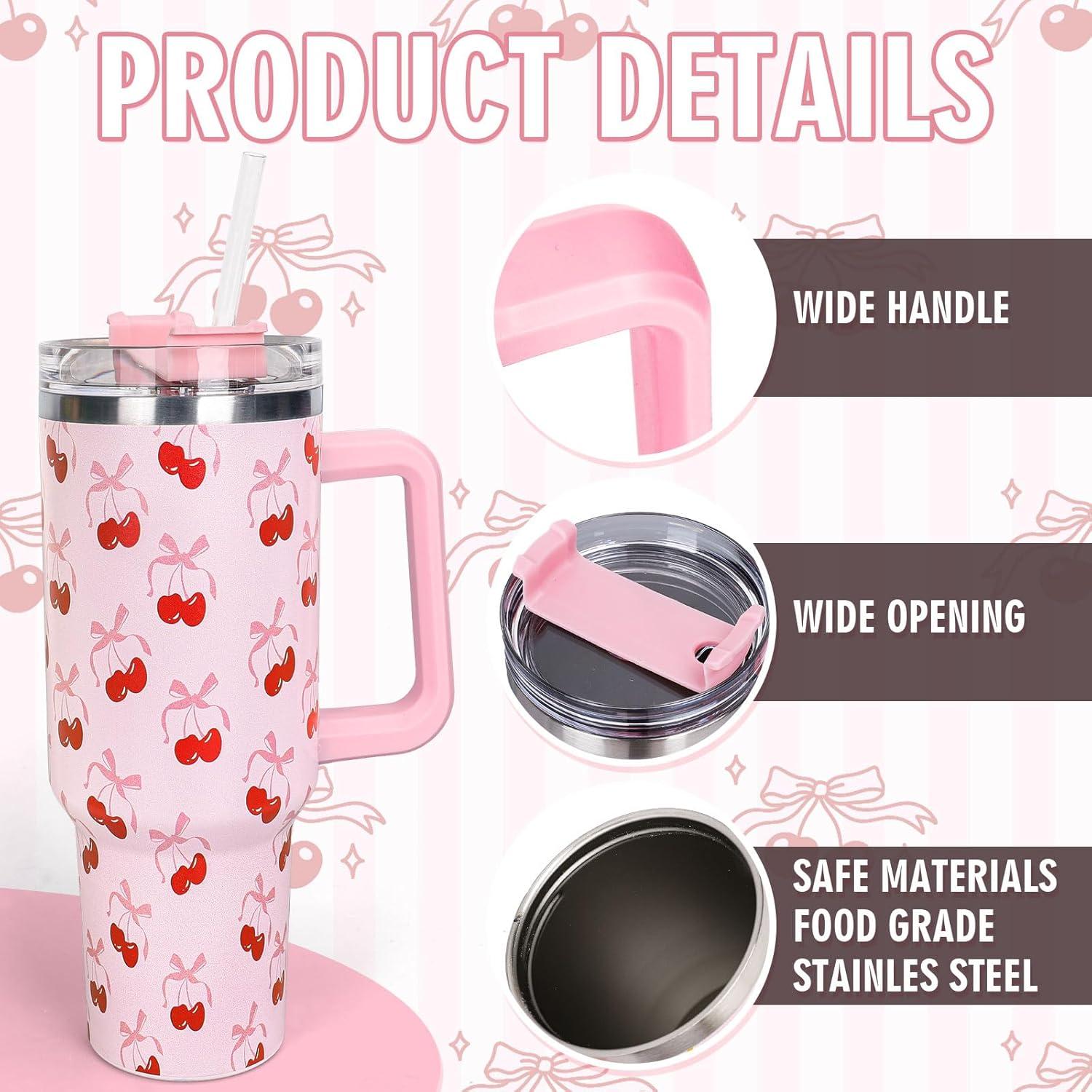 imageWhaline 40oz Halloween Skull Tumbler with Straw and Lid Spooky Skull Flower Travel Coffee Tumbler Cup with Handle for Trick or Treat Birthday Party Giftspink bow cherry